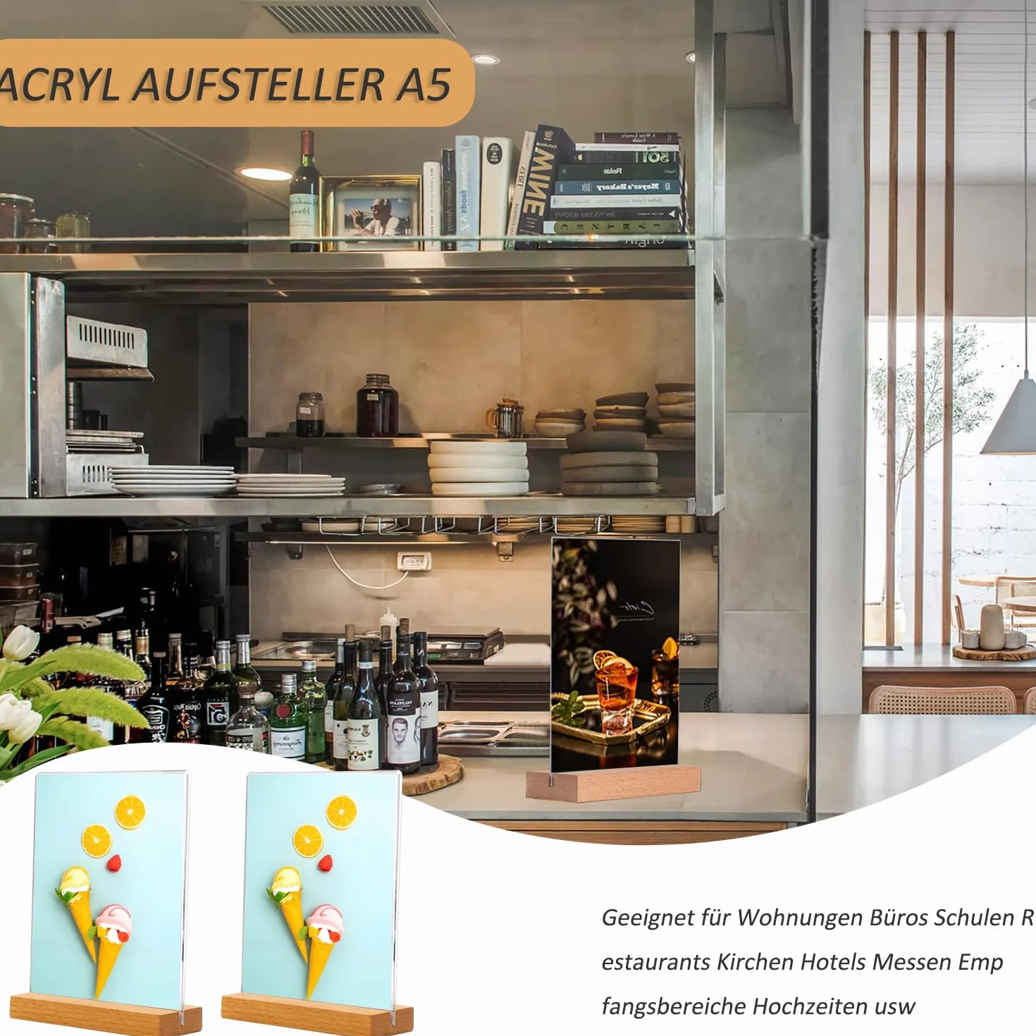 Akrylowy Stojak A5 W Kształcie Litery T - 2 Sztuki Uchwytów Na Karty Menu, Przezroczysty, Podwójne Miejsce Na Karty, Plakat, Tabliczki Z Drewnianą Podstawą