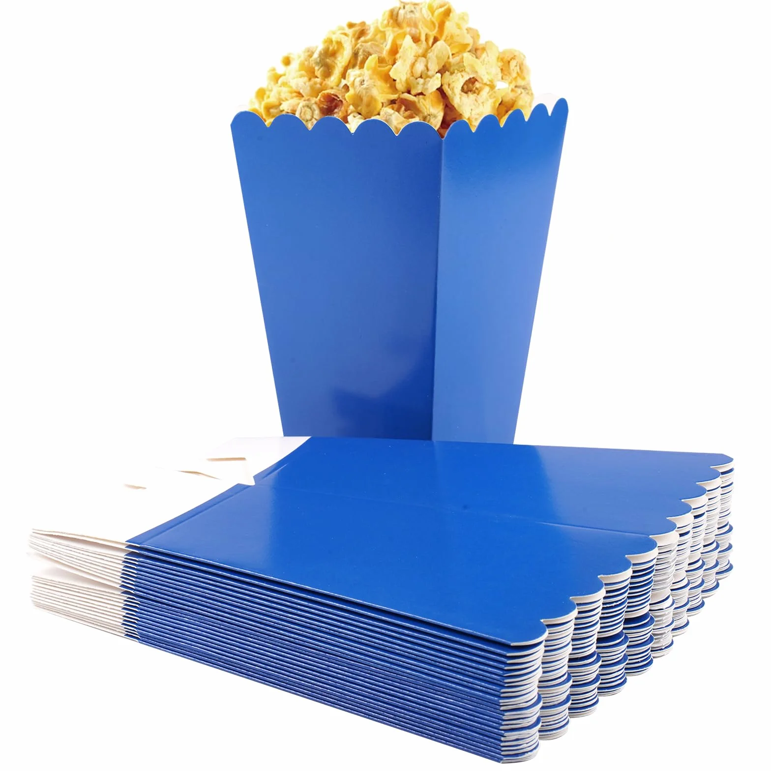 24 sztuki niebieskich papierowych pudełek na popcorn, 11,5 x 7 x 5 cm, mini papierowe pojemniki na popcorn, granatowe pudełka na popcorn, mini papierowe pudełka na popcorn, niebieskie, papierowe kubki