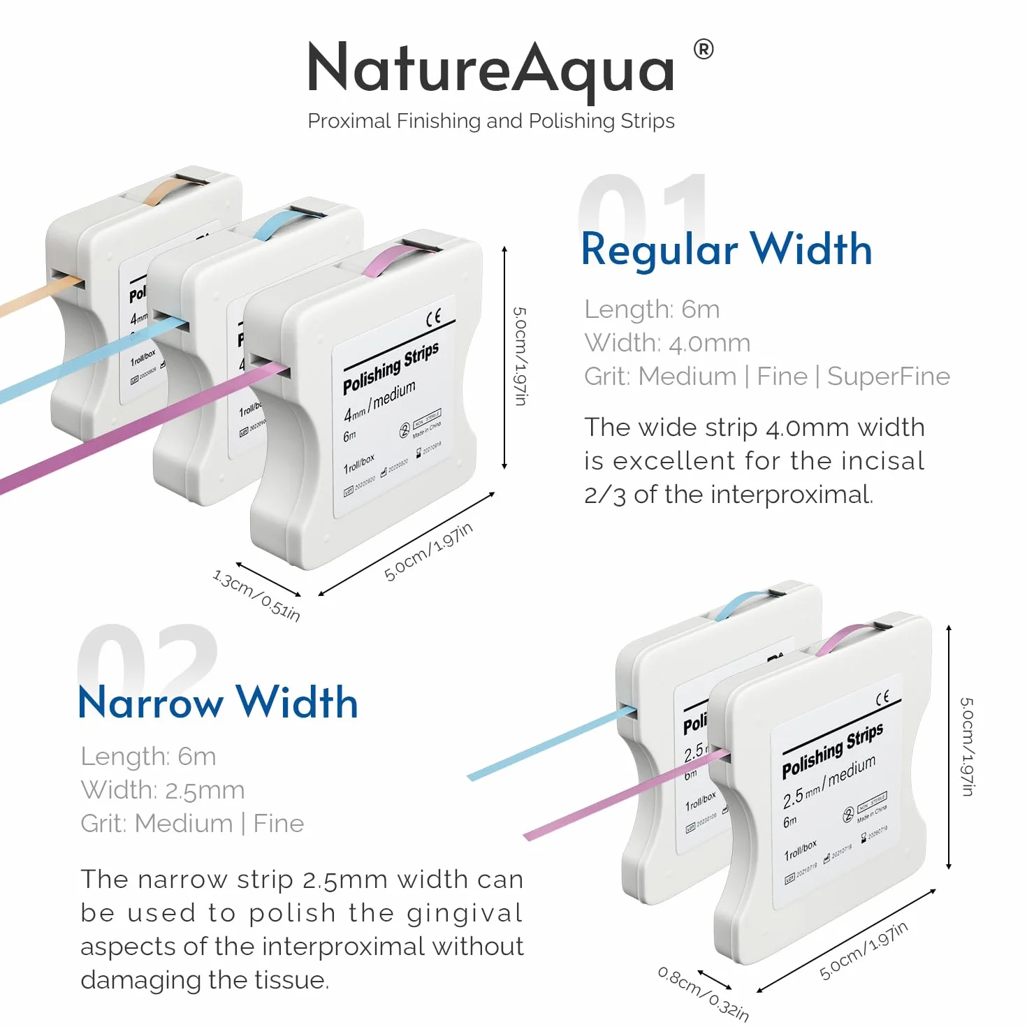 Papier ścierny do zębów, paski do polerowania zębów, rozmiar – szerokość 2,5 mm – 6 m/rolki/pudełko, NatureAqua żywica do polerowania zębów międzyzębowych (niebieski)