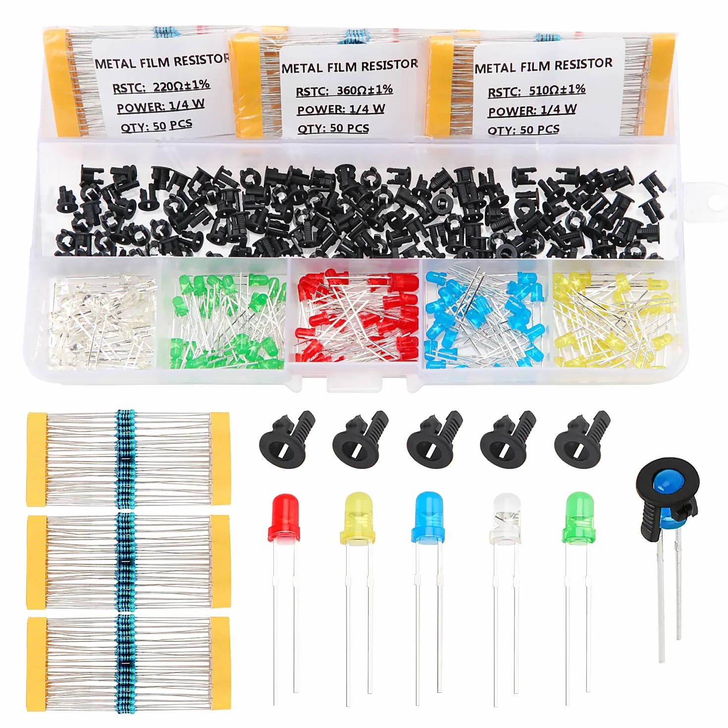 450 Sztuk 3mm Diod LED z Rezystorem & Plastikowym Uchwytem Diody, 2-Pinowe Diody Elektroluminescencyjne z Rozproszonym Kolorowym Len, Okrągła Diody LED, Biały/Zielony/Czerwony/Niebieski/Żółty