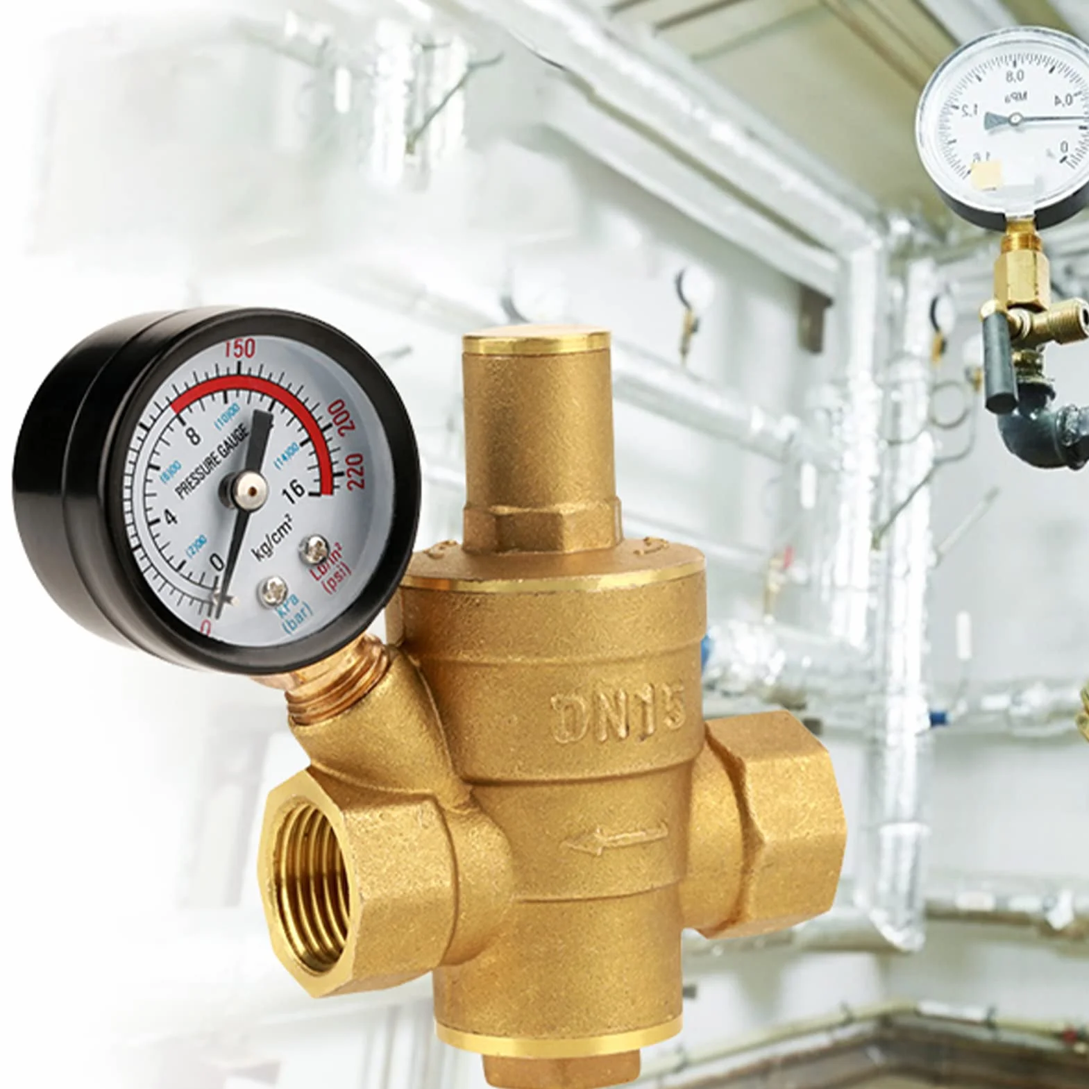 Mosiężny zawór redukujący ciśnienie DN15 z miernikiem, regulator ciśnienia