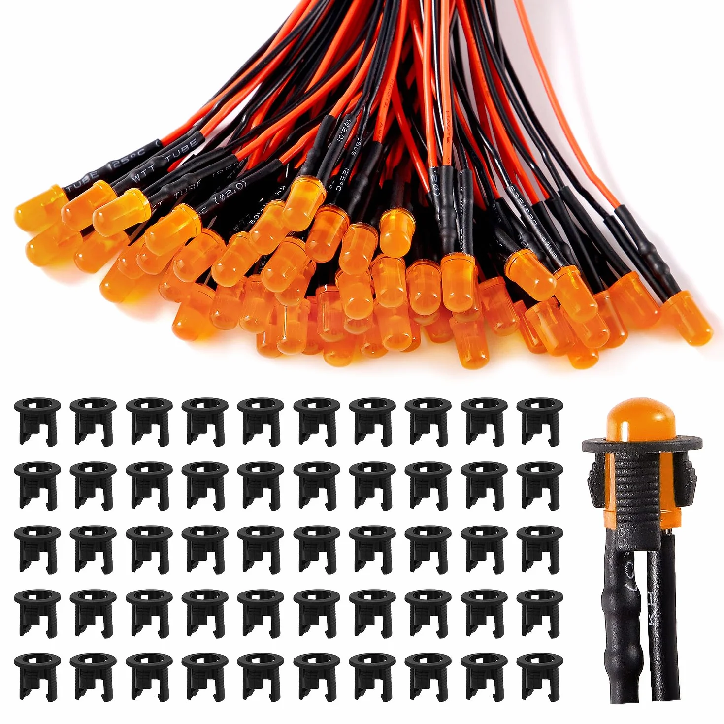 50 Sztuk 5mm 12V Przewodowe Diody LED z Rozproszoną Kolorową Soczewką, Pomarańczowy, 20cm Dioda LED + 50 Sztuk 5mm Plastikowy Uchwyt LED