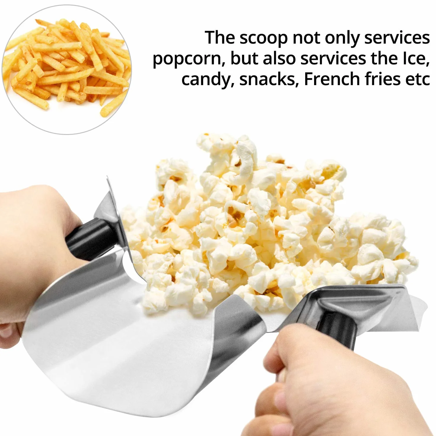 QWORK® Łopatka do popcornu ze stali nierdzewnej, francuska łopatka do smażenia, wielofunkcyjna łopatka do chipów popcorn, przekąski z cukierkami lodowymi, z podwójnymi uchwytami, 230 x 200 mm