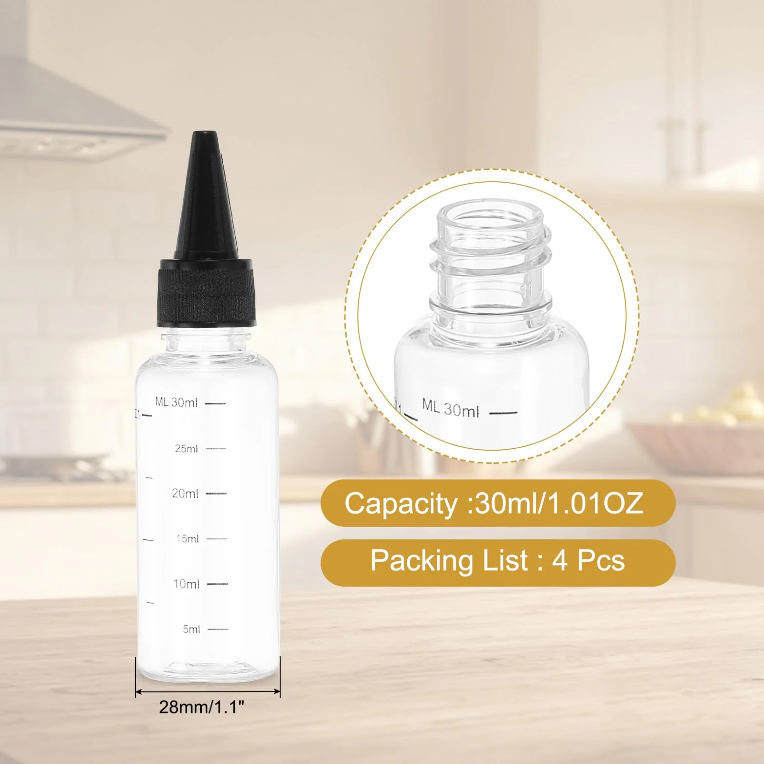 PATIKIL Butelki z tworzywa sztucznego z czarną pokrywką, 30 ml, 4 sztuki, z podziałką, okrągłe, puste butelki do płynów, prac ręcznych