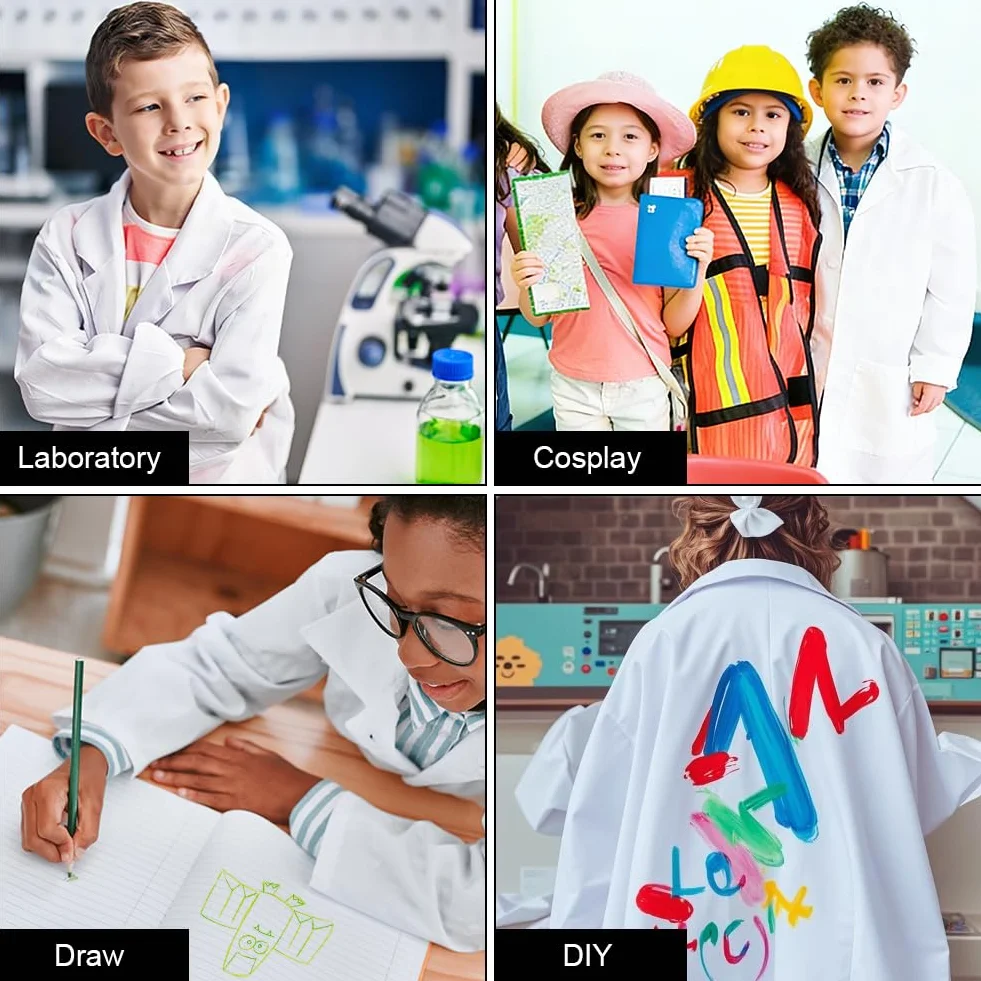 Kostium lekarza dla dzieci, fartuch laboratoryjny, 4-częściowy kostium lekarski dla dzieci, z gogle, dowód osobisty, powiększenie, kostium naukowca dla dzieci na Halloween, biały, M