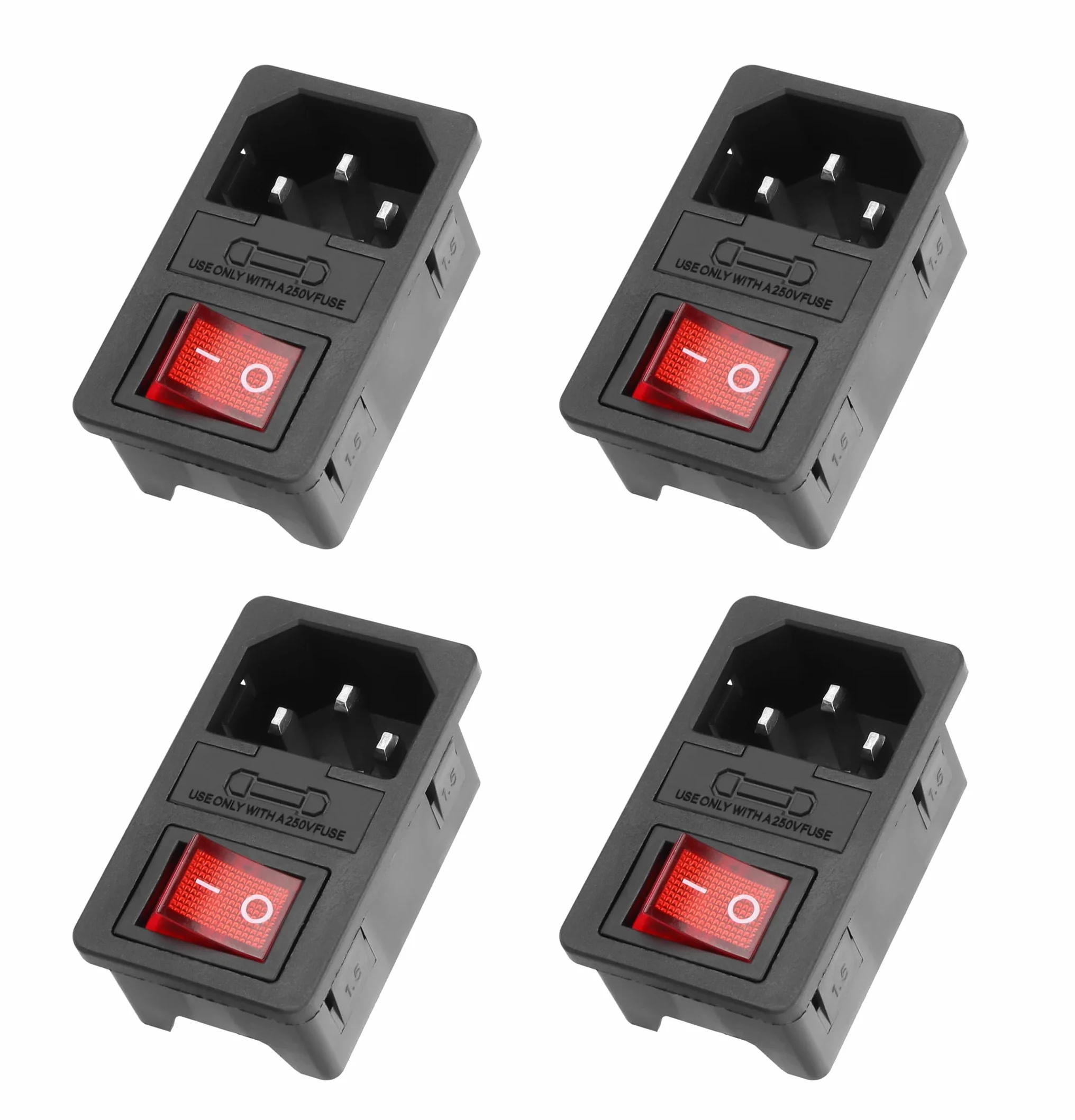 YAODHAOD 4 szt. przełącznika dźwigienkowego 10 A 250 V i IEC C14 moduł gniazda zasilania wtyczka bezpiecznik 10 A ze wskaźnikiem światła do urządzeń gospodarstwa domowego 12 V, 230 V lub urządzeń DIY