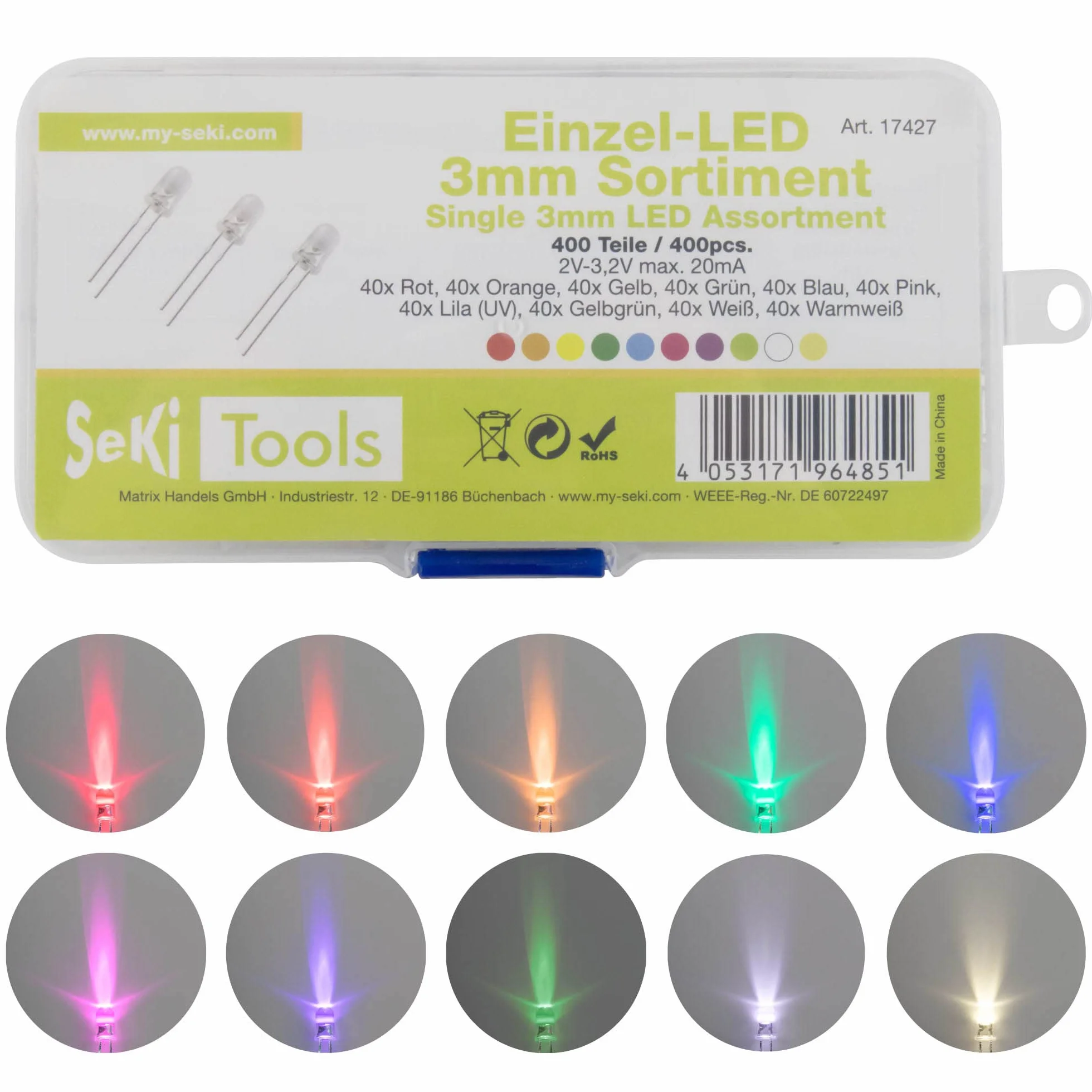 SeKi Asortyment LED z 400 diodami świecącymi 3 mm – 10 wartości; czerwony, pomarańczowy, żółty, zielony, niebieski, różowy, fioletowy (UV), żółto-zielony, biały, ciepła biel – bardzo jasny