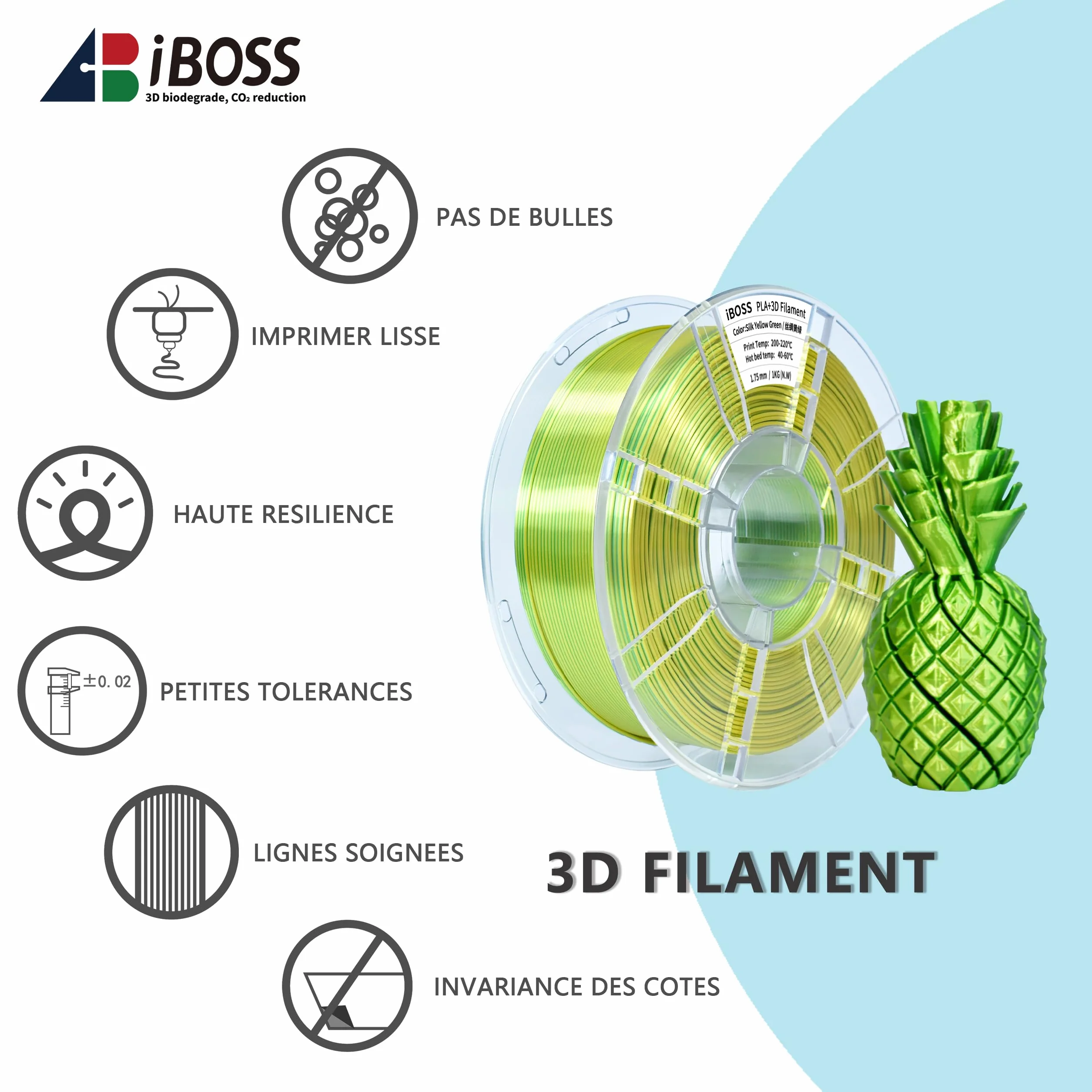 iBOSS Filament do drukarki 3D, PLA, 1,75 mm, dwukolorowy, jedwabny filament do druku 3D, współwytłaczany, błyszczący filament 1 kg (2,2 funta), dwukolorowy żółty zielony