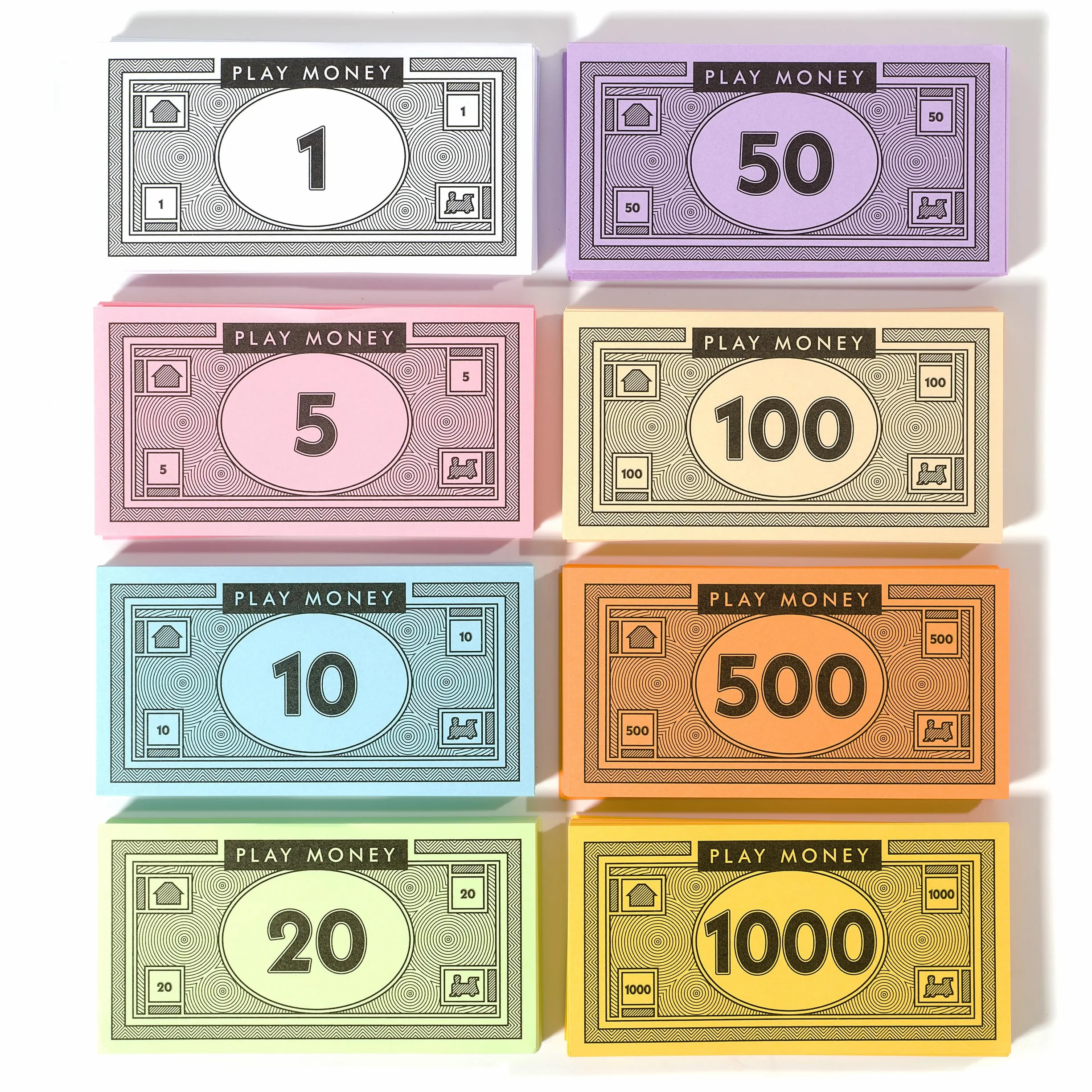 Fikcyjne pieniądze Opoly-520 sztuk fałszywych pieniędzy do gier planszowych-65 każdego banknotu w 8 nominałach– 1, 5, 10, 20, 50, 100, 500, & 1000 zł - Bilety na kasjer gier symulacyjnych
