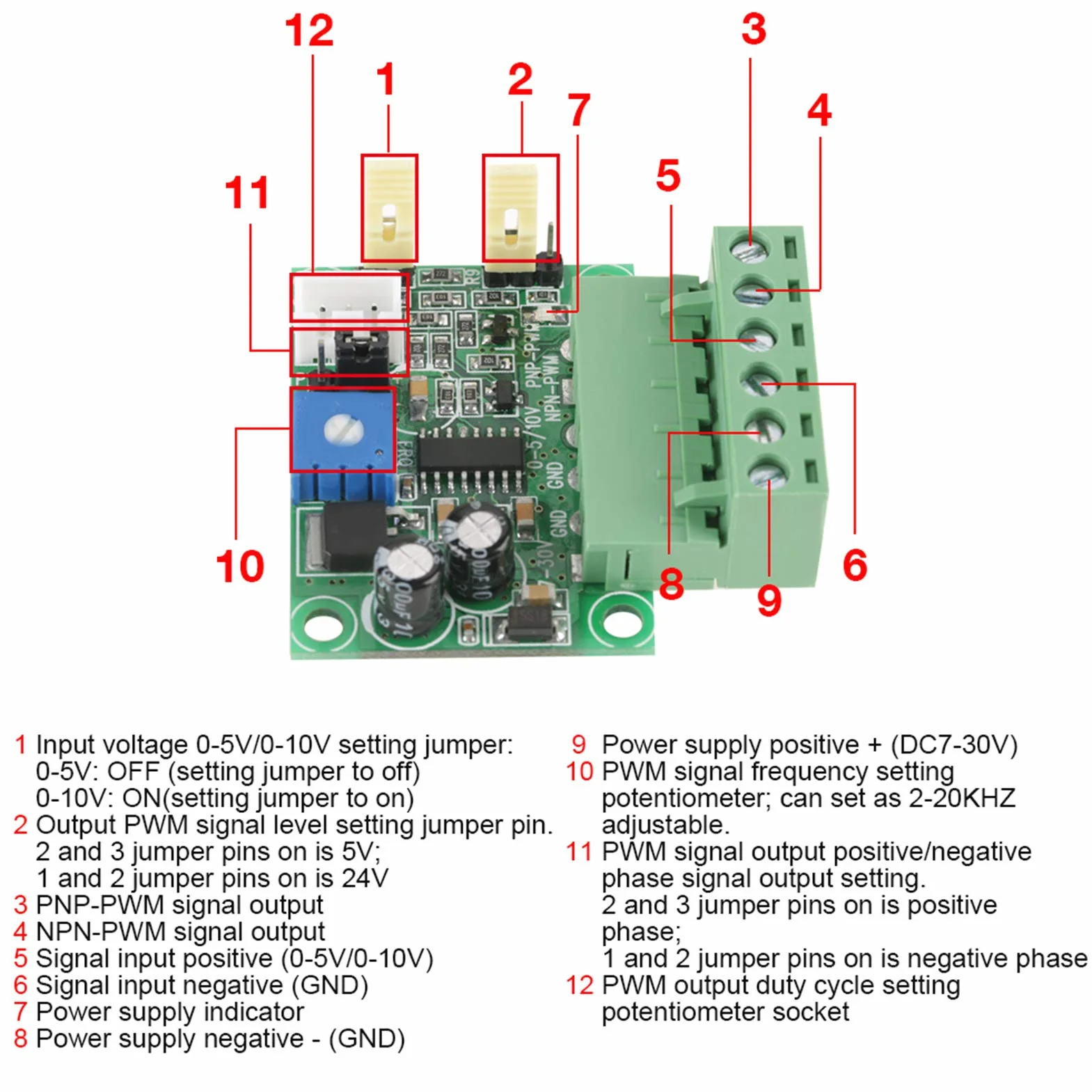 Konwerter Napięcia PWM 0-10 V, Moduł Sygnału Wejścia Analogowego, Wyjście PWM 2-20 kHz, PNP/NPN 5-24 V