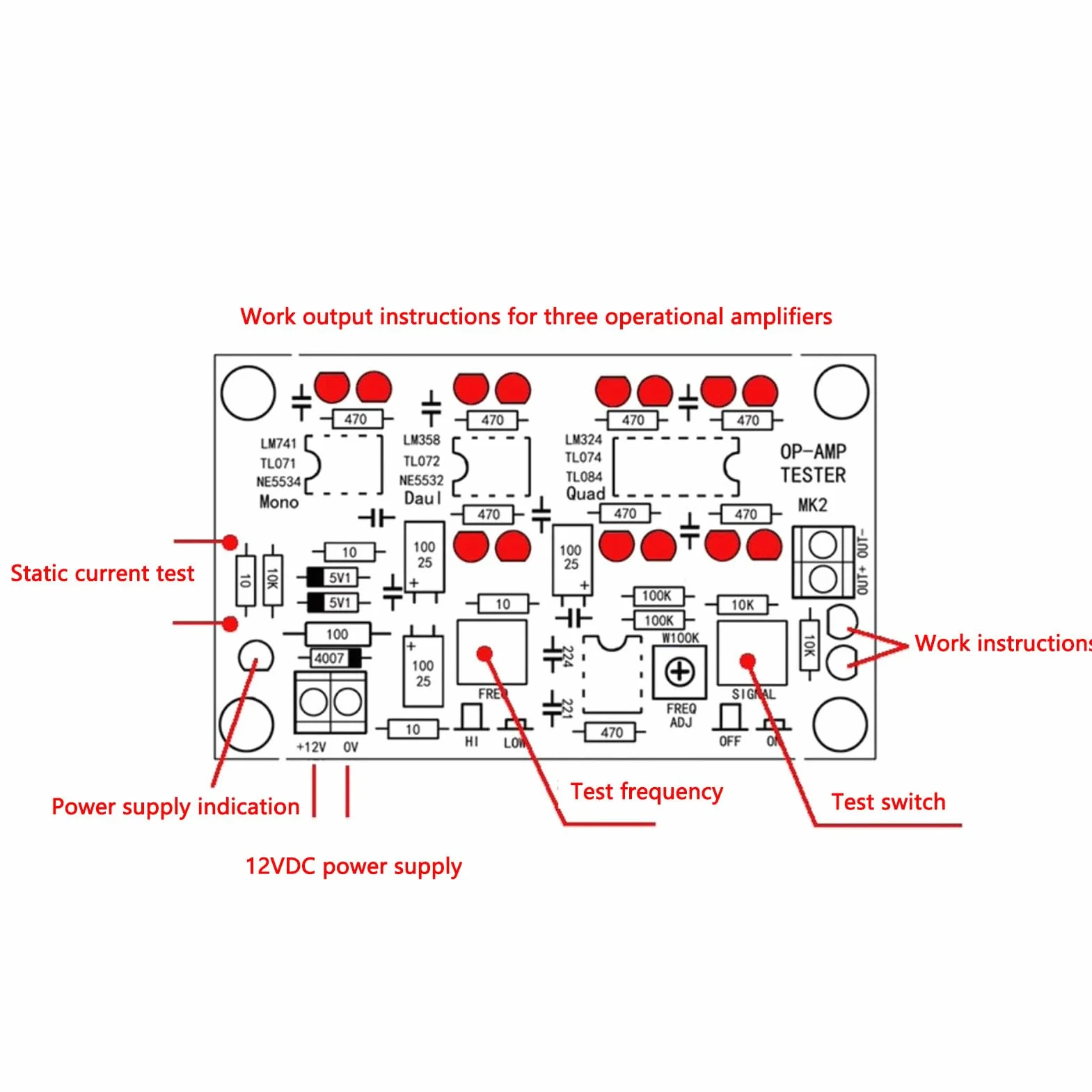 Moduł Testowy dla Wzmacniacza Operacyjnego - Wzmacniacz Operacyjny Test Tester OP Amp dla Pojedynczego i Podwójnego Testera T2 DC12V