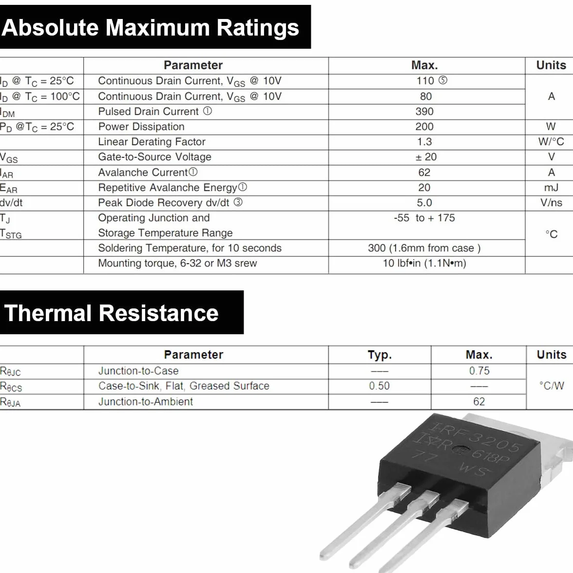 IRF3205 Tranzystor MOSFET 55V 110A TO-220 kanał mocy z radiatorem zestaw 20 sztuk