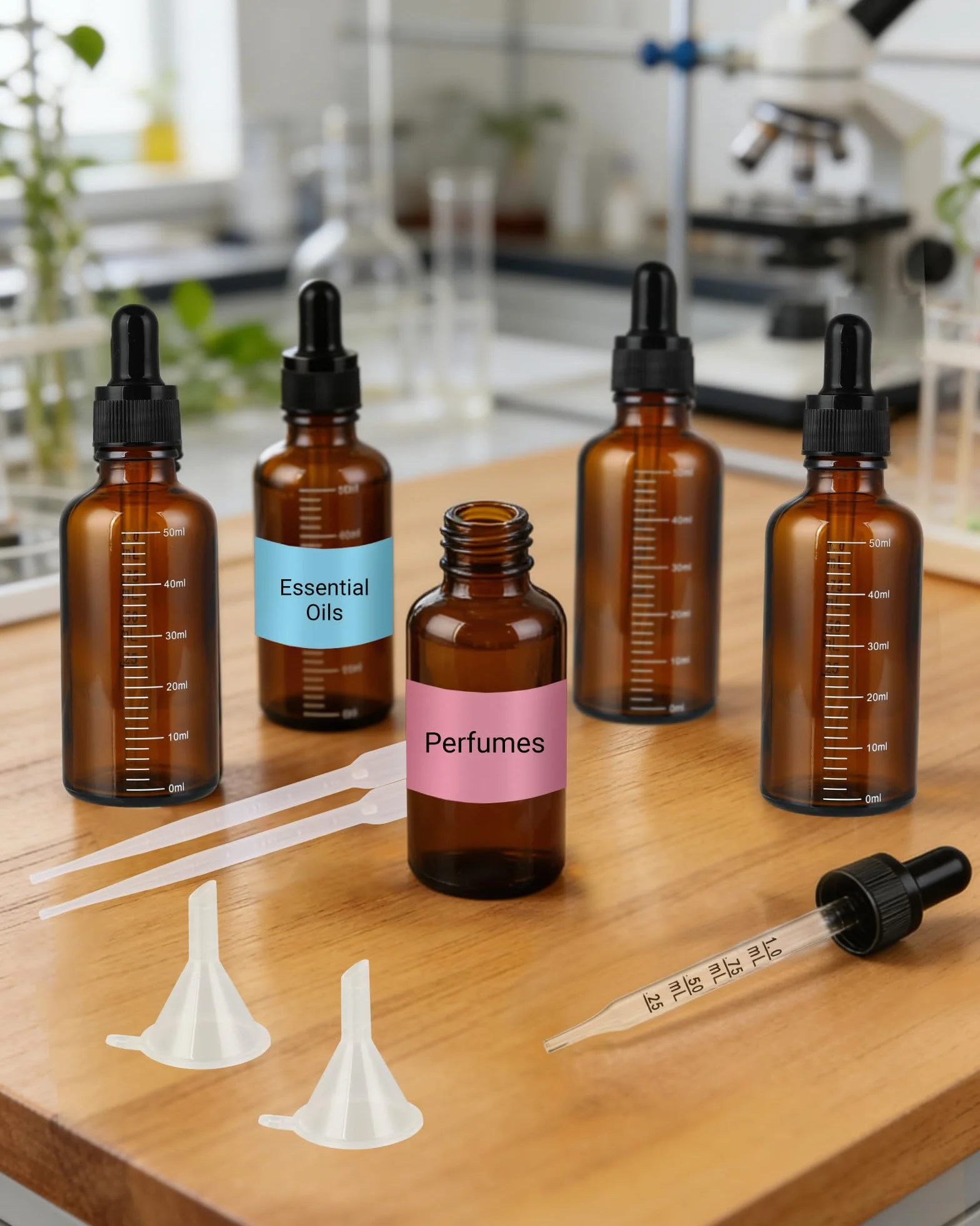 6 butelek z pipetą 50 ml – butelki z zakraplaczem z brązowego szkła z 2 lejkami, 2 pipetami, 1 arkuszem etykiet, idealne do olejków eterycznych, aromaterapii, laboratorium i barwników