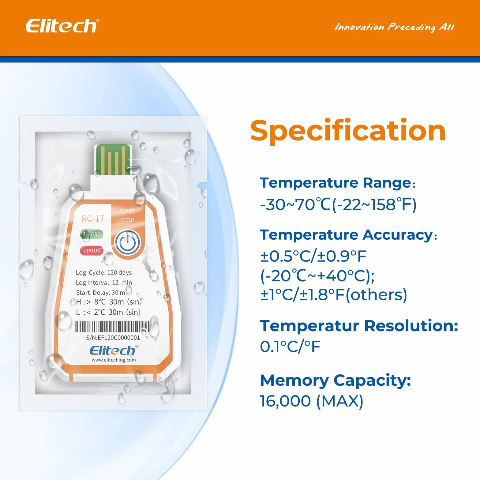 Elitech RC-17 Jednorazowy rejestrator temperatury USB IP67 180 dni 16000 rekordów