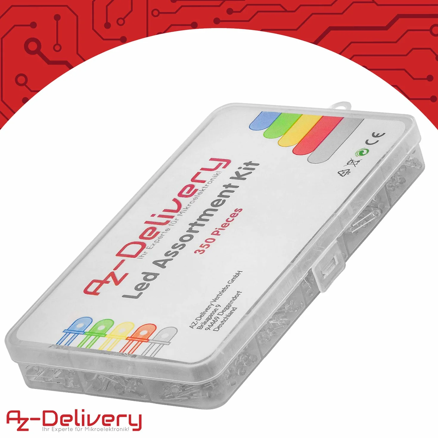 AZDelivery Zestaw asortymentu diod elektroluminescencyjnych LED, 350 sztuk, 3 mm i 5 mm, 5 kolorów, zestaw okrągłych diod LED emitujących, UV RGB CC/CA kompatybilny z Arduino E-book w zestawie!