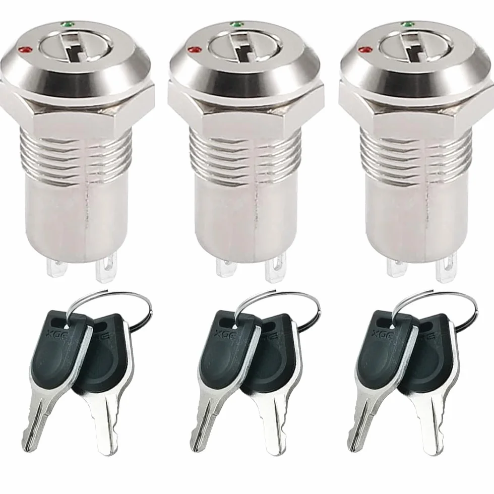GUUZI 3 Pack 12mm metalowy przełącznik zatrzaskowy z kluczem 0-250V blokada