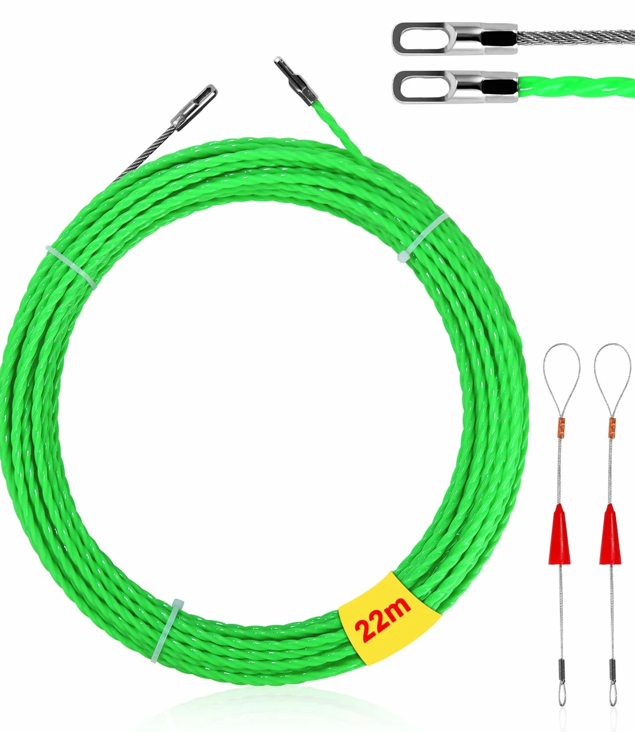 Drut do przeciągania kabli spiralny poliestrowy 22m φ4mm z sprężynami prowadzącymi zielony