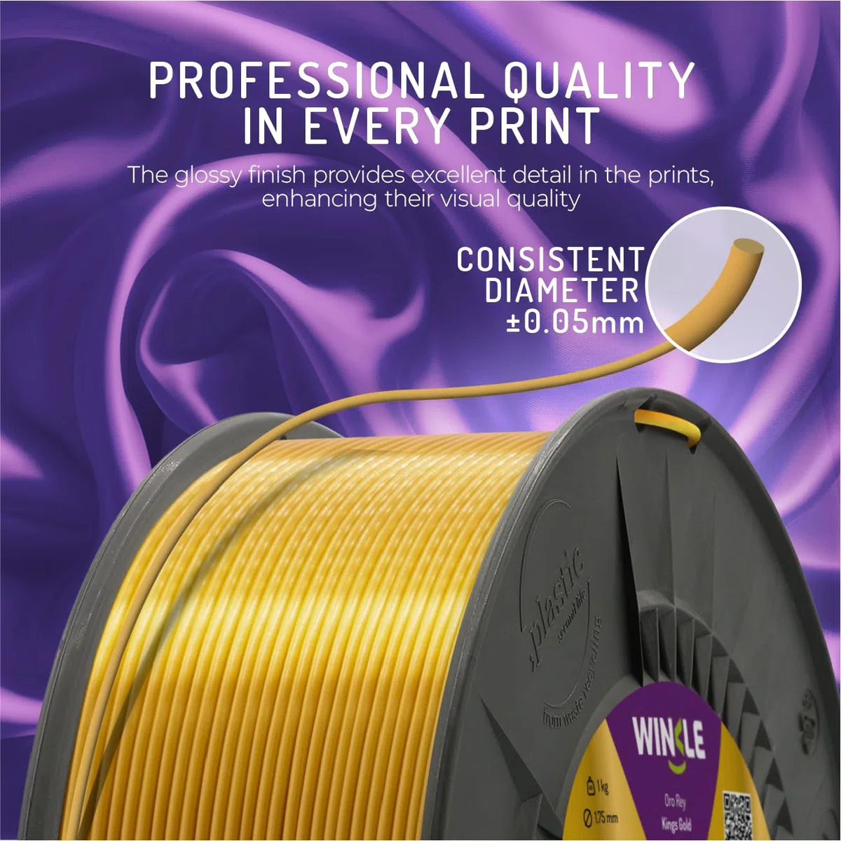 WINKLE Jedwabny filament PLA (jedwab) złoto królewskie | Filament do drukarki 3D | Filament PLA 1,75 mm 300 g | PLA Gold | gładkie i jedwabiste wykończenie | dokładność wymiarowa | cewka 300g