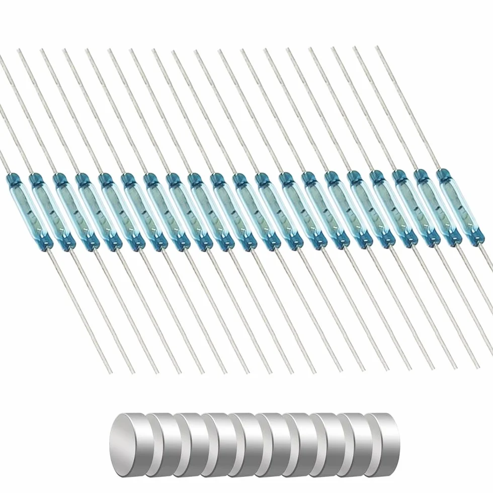 Gebildet 20 sztuk mini przełączników szklanych, styk Reed, normalnie otwarty (N/O), magnetyczny przełącznik indukcyjny (2 mm x 10 mm), z 10 sztukami uniwersalnej folii magnetycznej