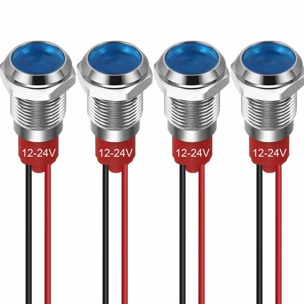 GUUZI Lampka Kontrolna LED 12-24V Wodoodporna 10mm Wskaźnik Panel Metalowy Niebieski 4szt