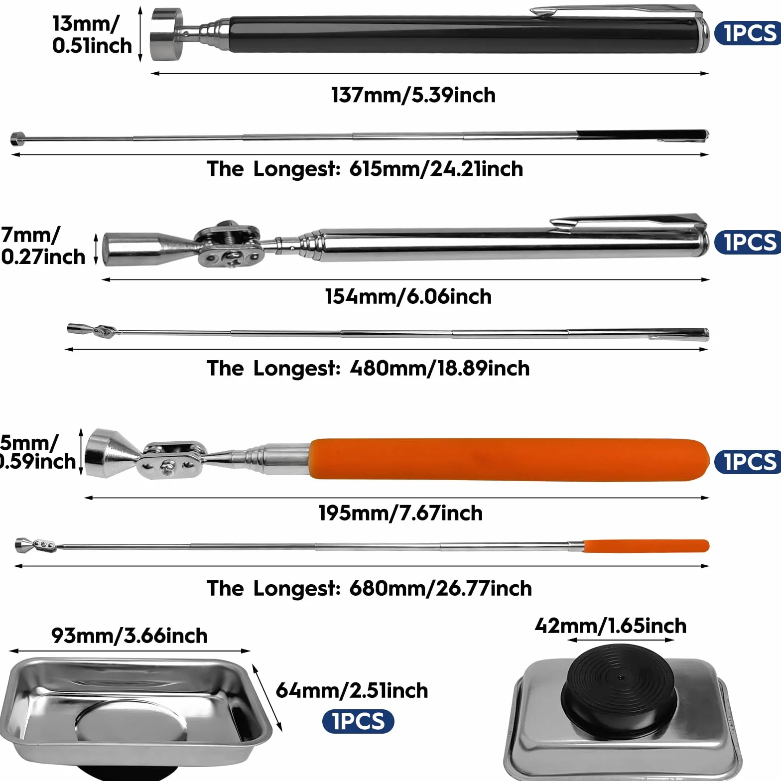 3 szt. teleskopowych prętów magnetycznych, 1,5 kg, stal nierdzewna, drążek teleskopowy, narzędzie magnetyczne, podnośnik magnetyczny, udźwig do 63 cm