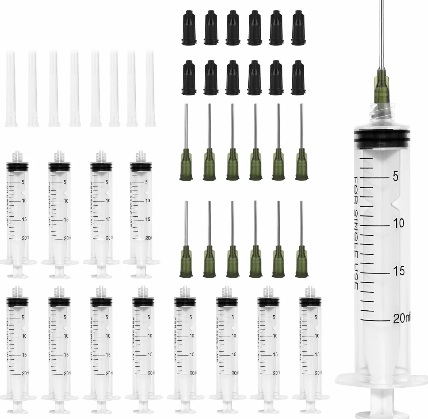 12 sztuk strzykawek z igłą, 20 ml, z tępą igłą i nasadkami na igły, plastikowa strzykawka wielokrotnego użytku do pomiaru płynów, karmienia zwierząt domowych