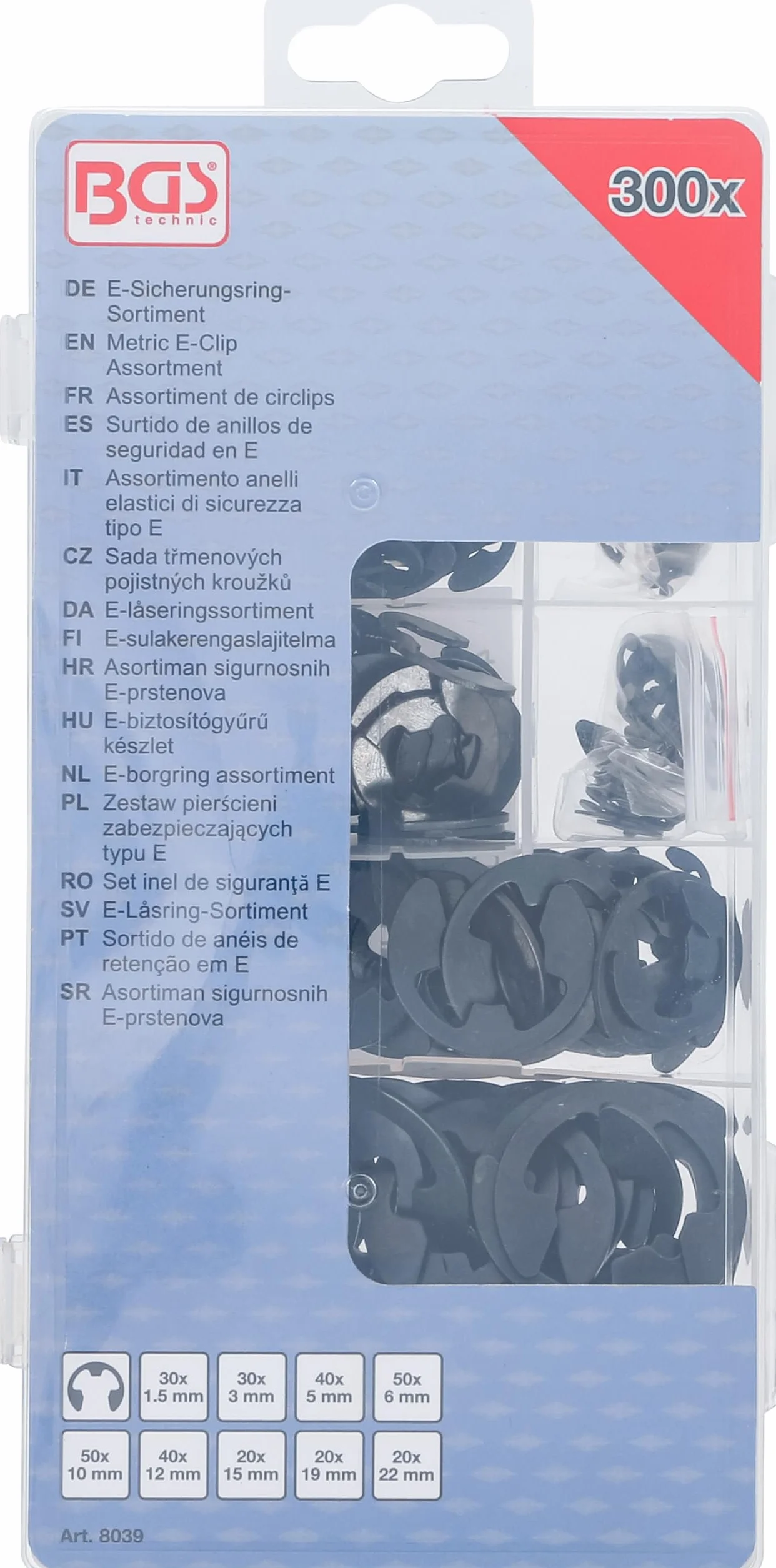 BGS 8039 Zestaw pierścieni zabezpieczających typu E 1,5-22 mm 300 szt.