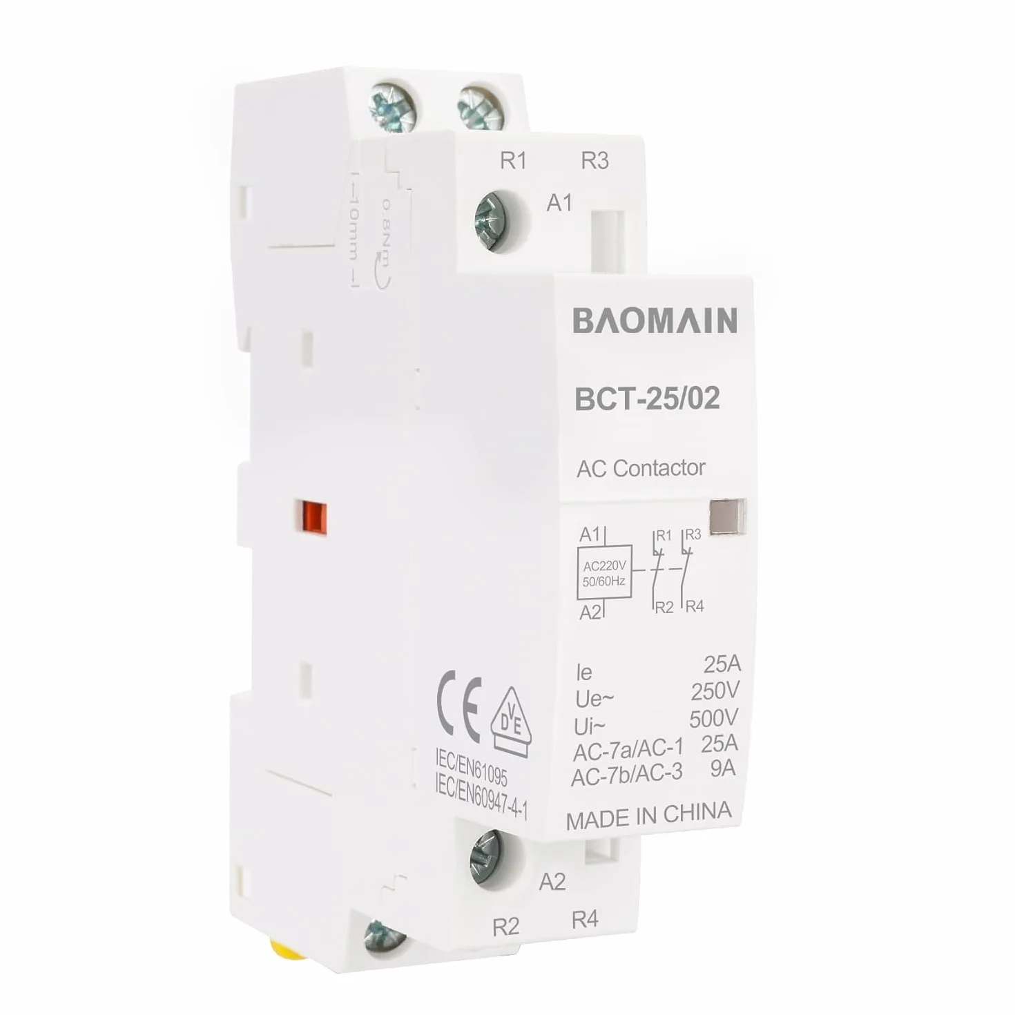 BAOMAIN Stycznik AC, 2-biegunowy 2NC, 25 A, AC 220 V, napięcie cewki, 35 mm Montaż na szynie DIN BCT-25/02