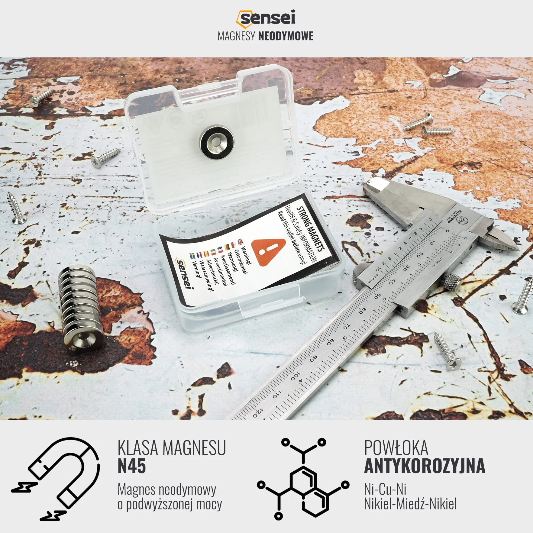 Sensei 10 sztuk Magnes neodymowy pierścieniowy 15x3 mm z otworem na wkręt, 2,4 kg udźwigu + 10 wkrętów w zestawie