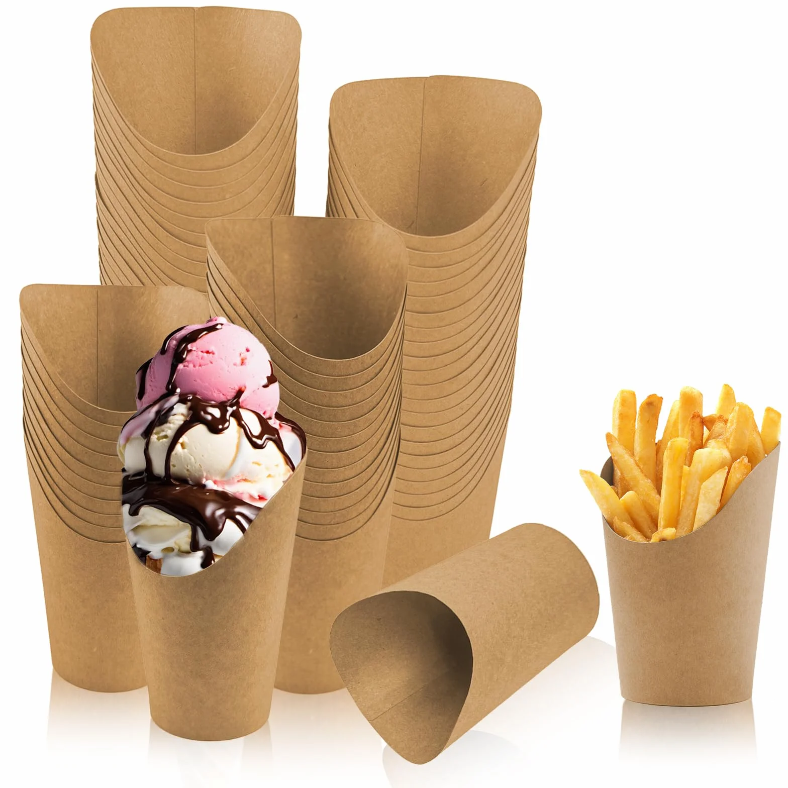 60 sztuk uchwytów na frytki z papieru typu kraft, 355 ml, pojemnik na przekąski z papieru, pogrubione, jednorazowe frytki, kubki z ukośnymi ustami, kiełbasy, desery, kubki do zabrania ze sobą, na