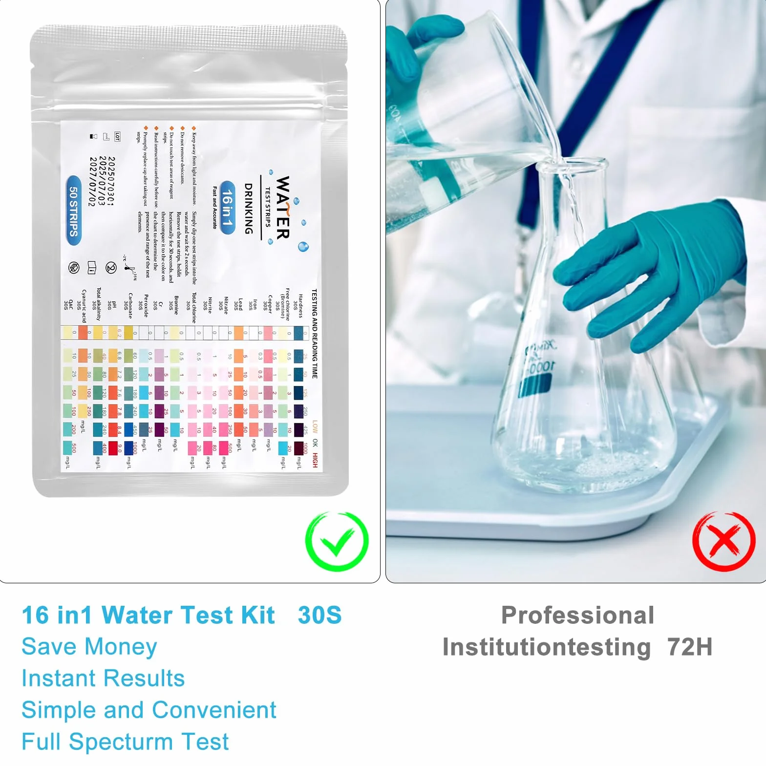 APOMOONS 50 x 16 paski testowe do woda, pH, jakość, twardość, ołowiu, żelaza, miedzi, tester pH domowy, akwarium