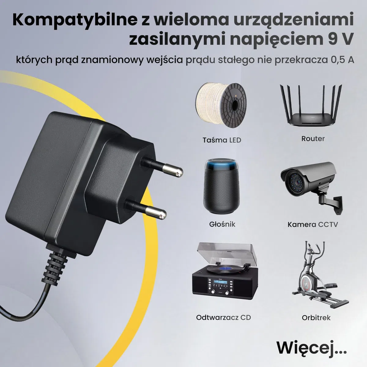Adapter zasilacza 9 V 0,5 A 4,5 W 1,8 m, adapter przełączający AC-DC (wejście 100 – 240 V, wyjście 9 V 0,5 A), DC 9 V 5,5 x 2,1 mm, wtyczka transformatorowa do montażu na ścianie