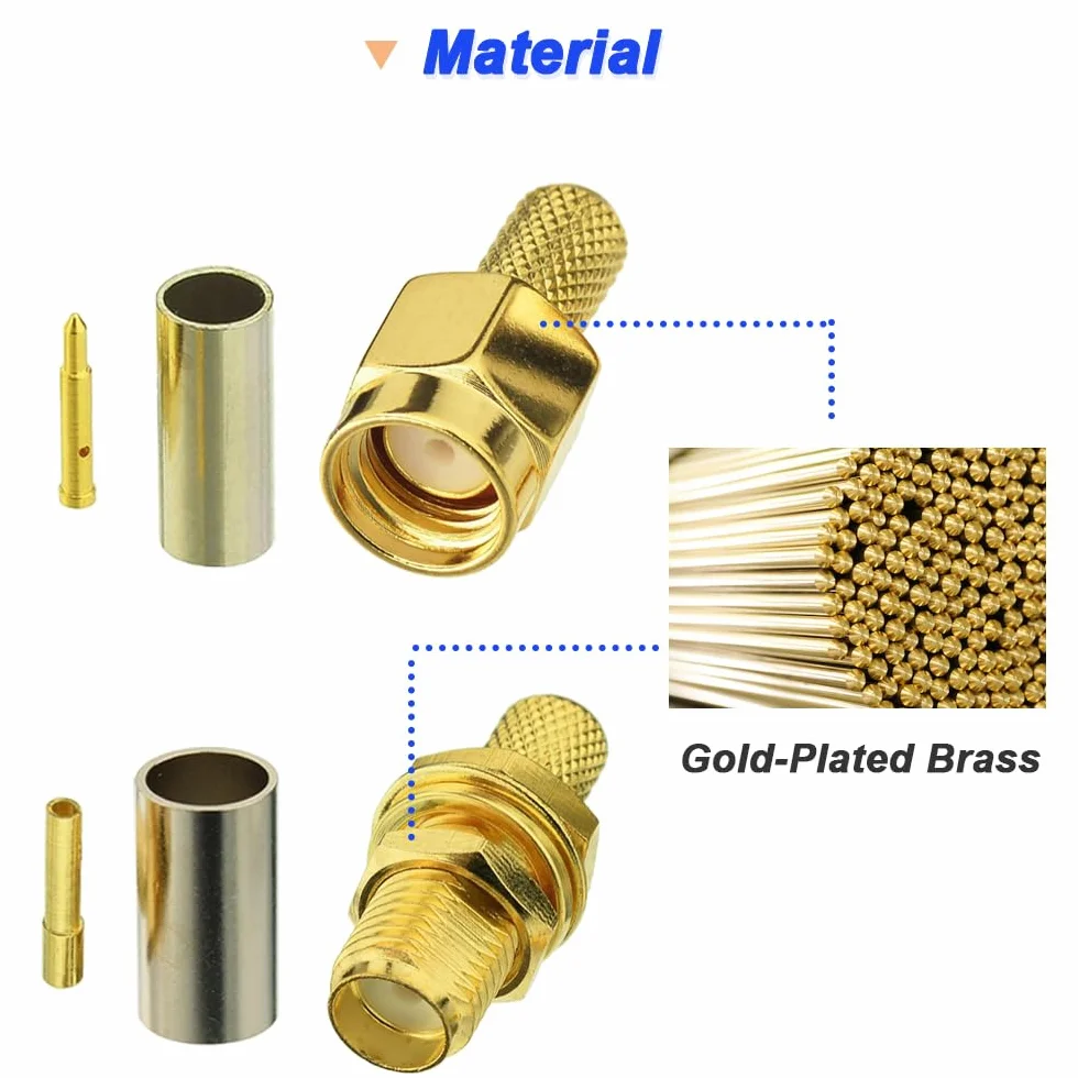 SMA Crimp Connector Kit, SMA męski Bulkhead Crimp Connector with SMA Female Bulkhead Crimp Connector, Gold Plated Solder RF Connector for RG316 RG174 Cable (12 szt.)