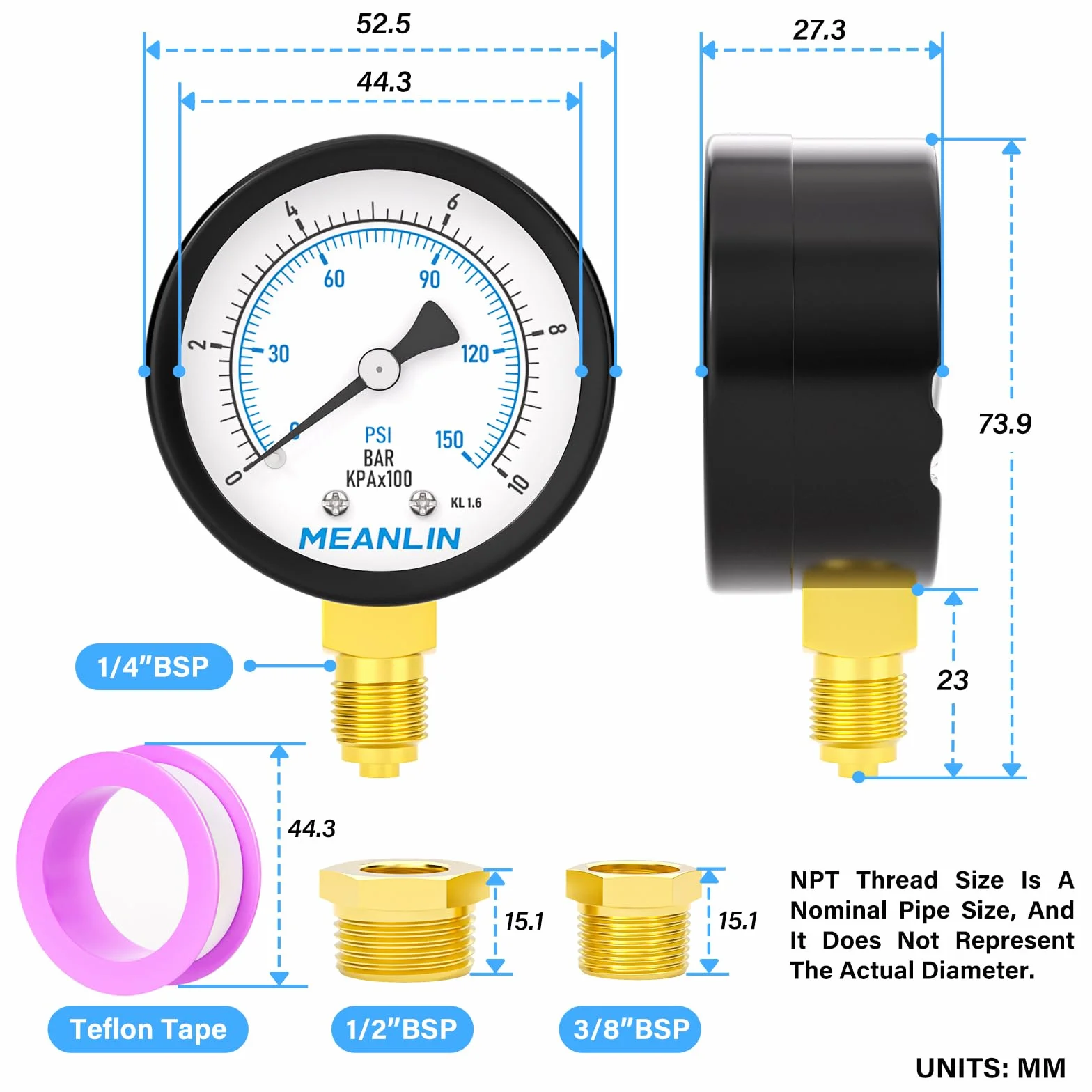 MEANLIN MEASURE Manometr 0-10 Bar 150PSI 1/4" BSP do pomp wodnych