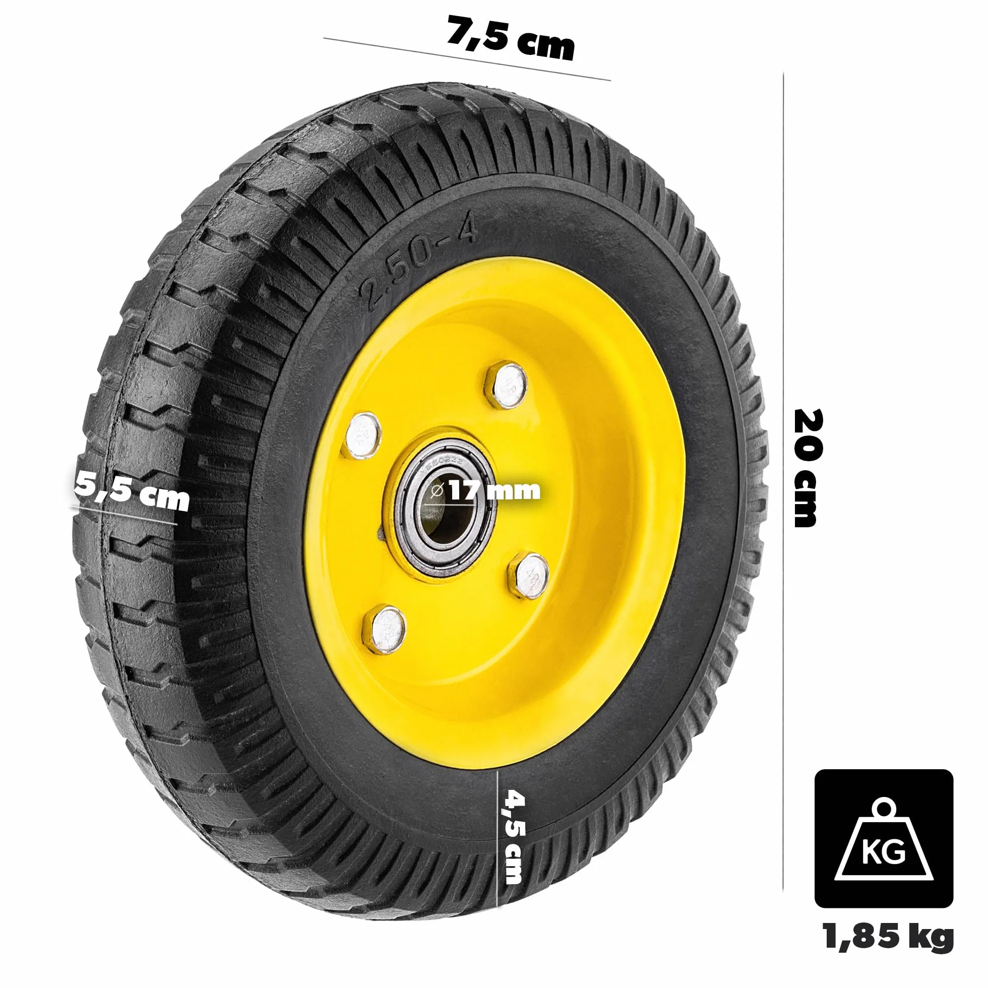 KADAX Koło zapasowe do wózka transportowego 200 x 55 mm, 1 sztuka, odporne na przebicia, 2.50-4, do taczki, wózka transportowego i wózka ogrodowego, koło do taczki z otworem osi 17 mm