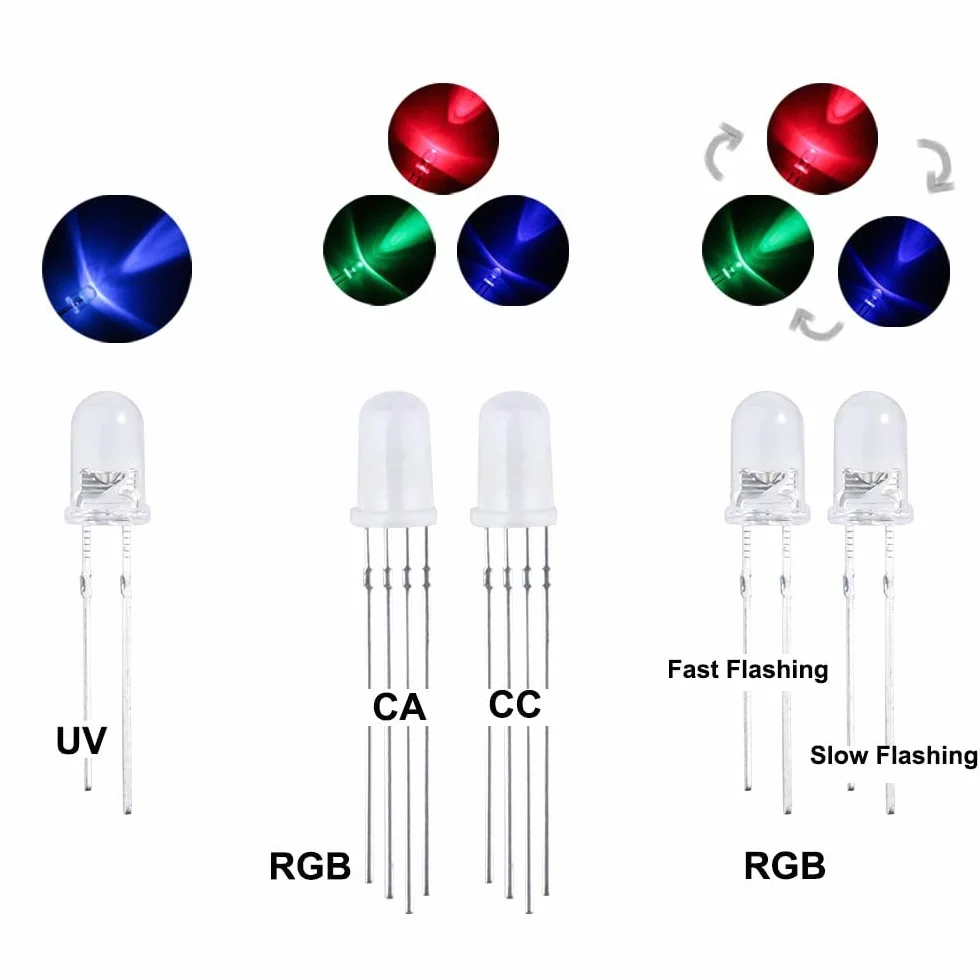 Elegoo Kolorowe diody LED 3 mm, 5 mm, różne kolory, przezroczyste, zestaw diod świecących z UV, RGB CC/CA do Arduino (zestaw 350 szt.)