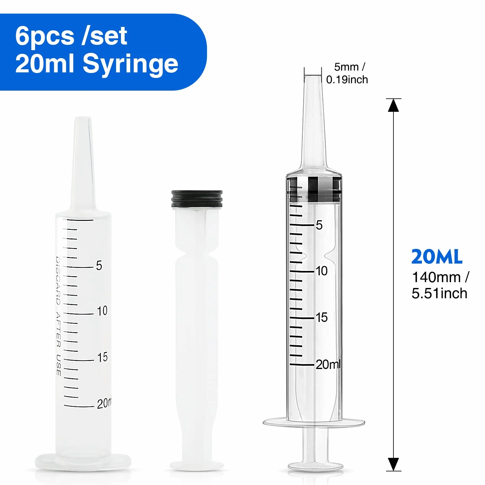 Strzykawki z tworzywa sztucznego, 6 sztuk, 20 ml, strzykawki z tworzywa sztucznego, pojedynczo zapakowane, sterylne strzykawki do laboratoriów naukowych, małych zwierząt domowych, do karmienia