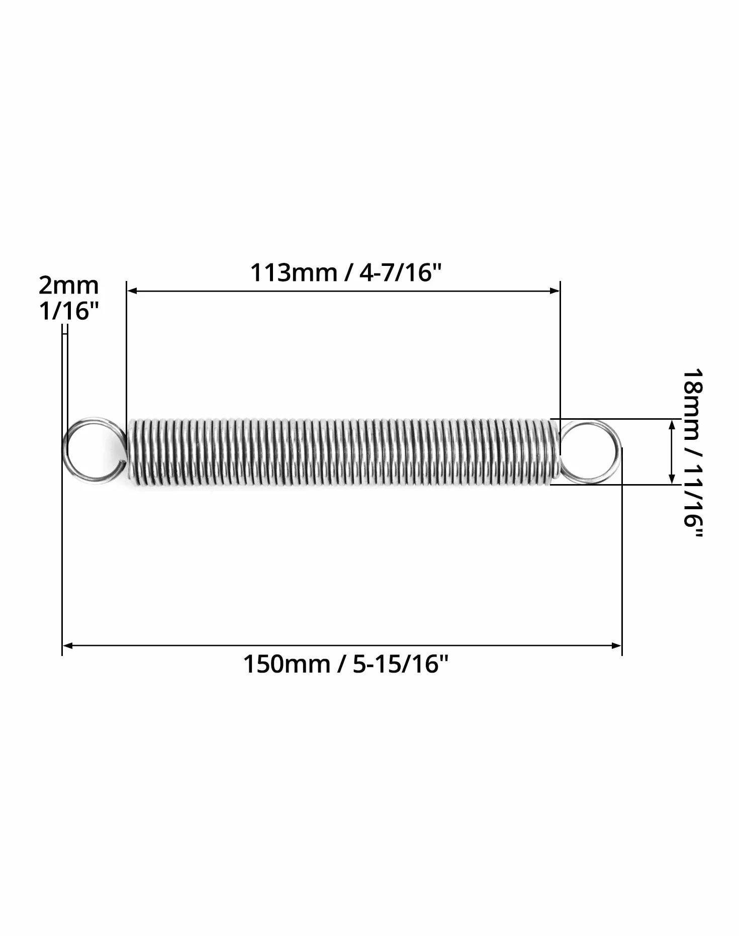 QWORK 2 Szt Sprężyny 304 naciągowe ze stali nierdzewnej, długość swobodna 150 mm, mała sprężyna naciągowa z podwójnym hakiem, średnica drutu 2 mm, średnica zewnętrzna 18 mm