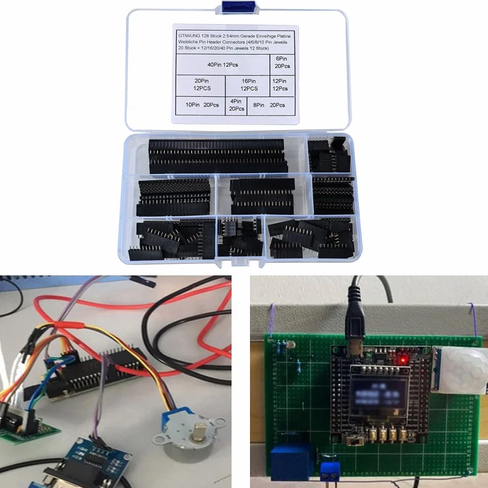 GTIWUNG 128 sztuk 2,54 mm prosta płytka jednorzędowa żeńska listwa zasilająca listwa zasilająca listwa zasilająca Pin Header Connectors (4/6/8/10pinów każdorazowo 22 sztuki + 12/16/20/40 pinów po 10
