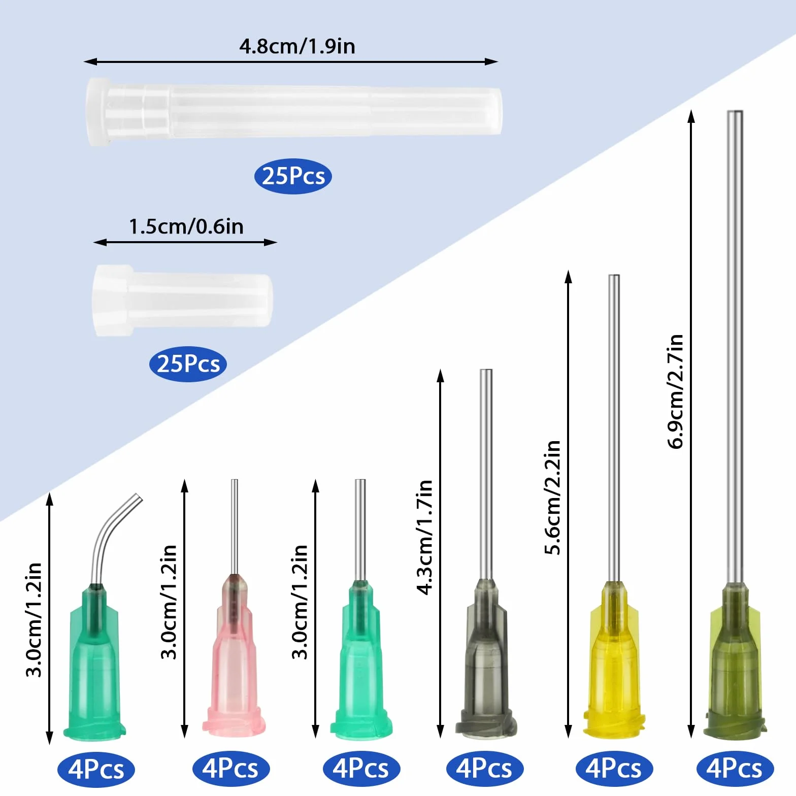 TRUEIN Strzykawki z tępymi igłami, 24 sztuki, 1 ml, 3 ml, 5 ml, 10 ml, 20 ml, z tępymi igłami, 14 Ga 15 Ga 16 Ga 18Ga 20Ga tępe igły i nasadki, strzykawka z tworzywa sztucznego