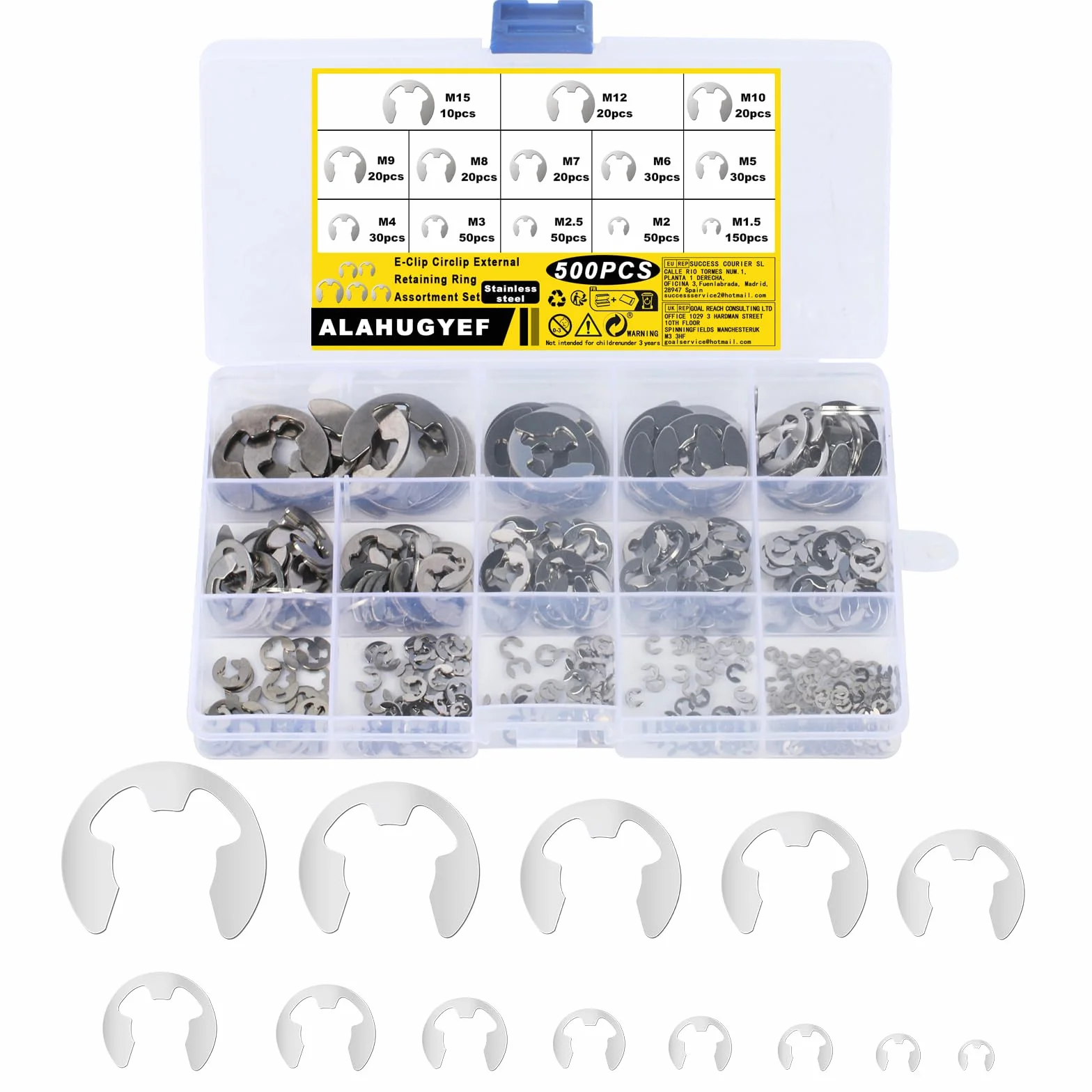 E-Clips, 500 sztuk pierścieni zatrzaskowych E-clip, zestaw pierścieni zaciskowych E-Clip Circlips, zestaw asortymentowy, wewnętrzne zewnętrzne podkładki pierścieniowe do mocowania łożysk, przekładni