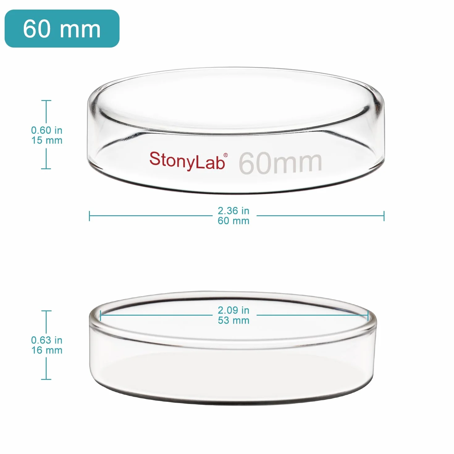stonylab Szklane naczynie Petri, 60 x 15 mm autoklawowalne szkło borokrzemowe kultura komórek naczynie Petri z przezroczystą pokrywą do laboratorium