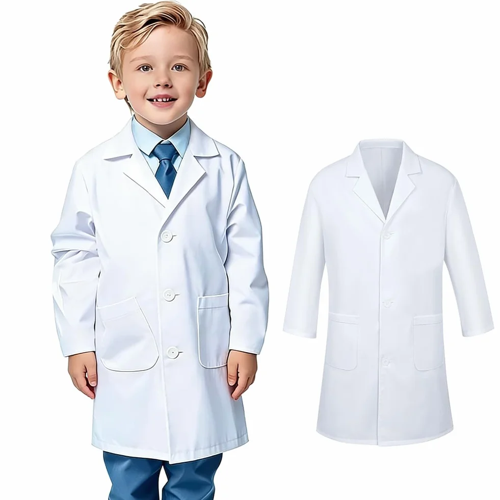 Kostium lekarza dla dzieci, fartuch laboratoryjny, 4-częściowy kostium lekarski dla dzieci, z gogle, dowód osobisty, powiększenie, kostium naukowca dla dzieci na Halloween, biały, M