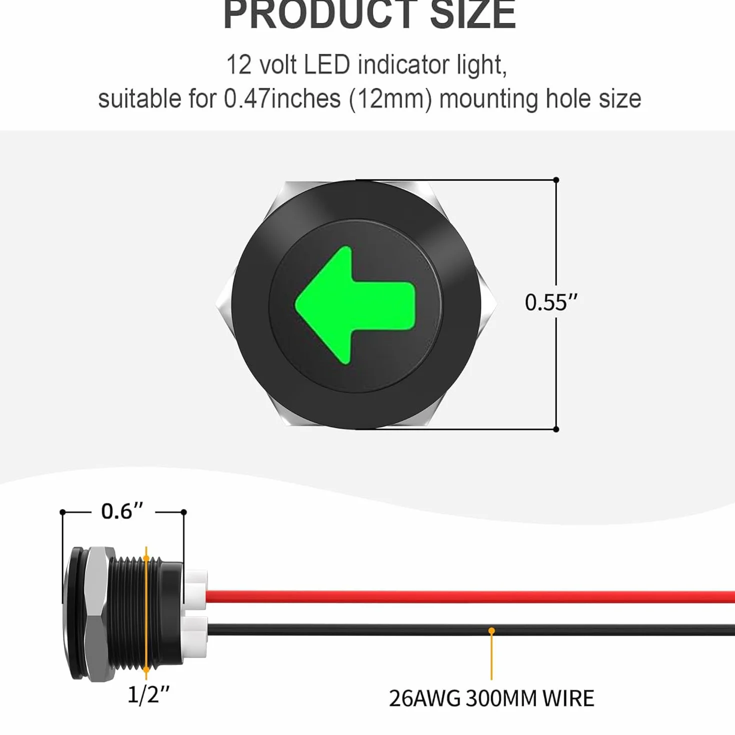 RUNCCI-YUN 4 szt. 12 V/24 V, okrągłe, metalowe, wodoszczelne lampki sygnalizacyjne LED, 12 mm, montaż na płycie, DC LED, lampka ostrzegawcza, lampka kontrolna z kablem 26 AWG 150 mm