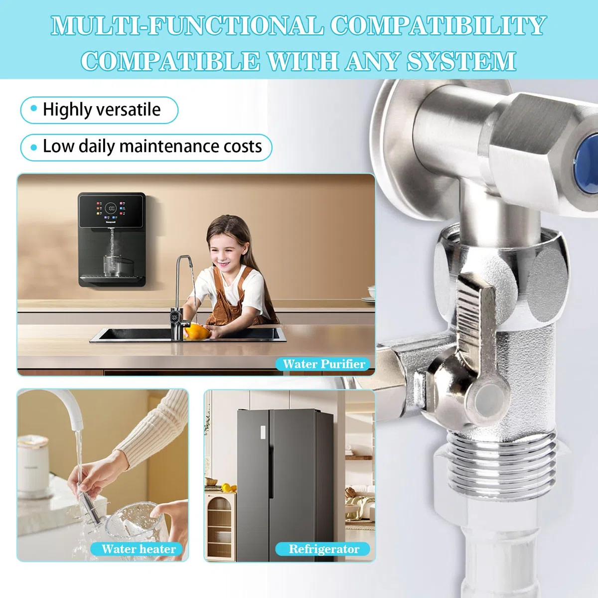 Zawór odcinający, adapter trójnik, przyłącze wody 1/2 cala x 1/2 cala x 1/4 cala do łatwego podłączenia filtrów wody i instalacji osmozy do rur zimnej wody, przyłącze wody do lodówki