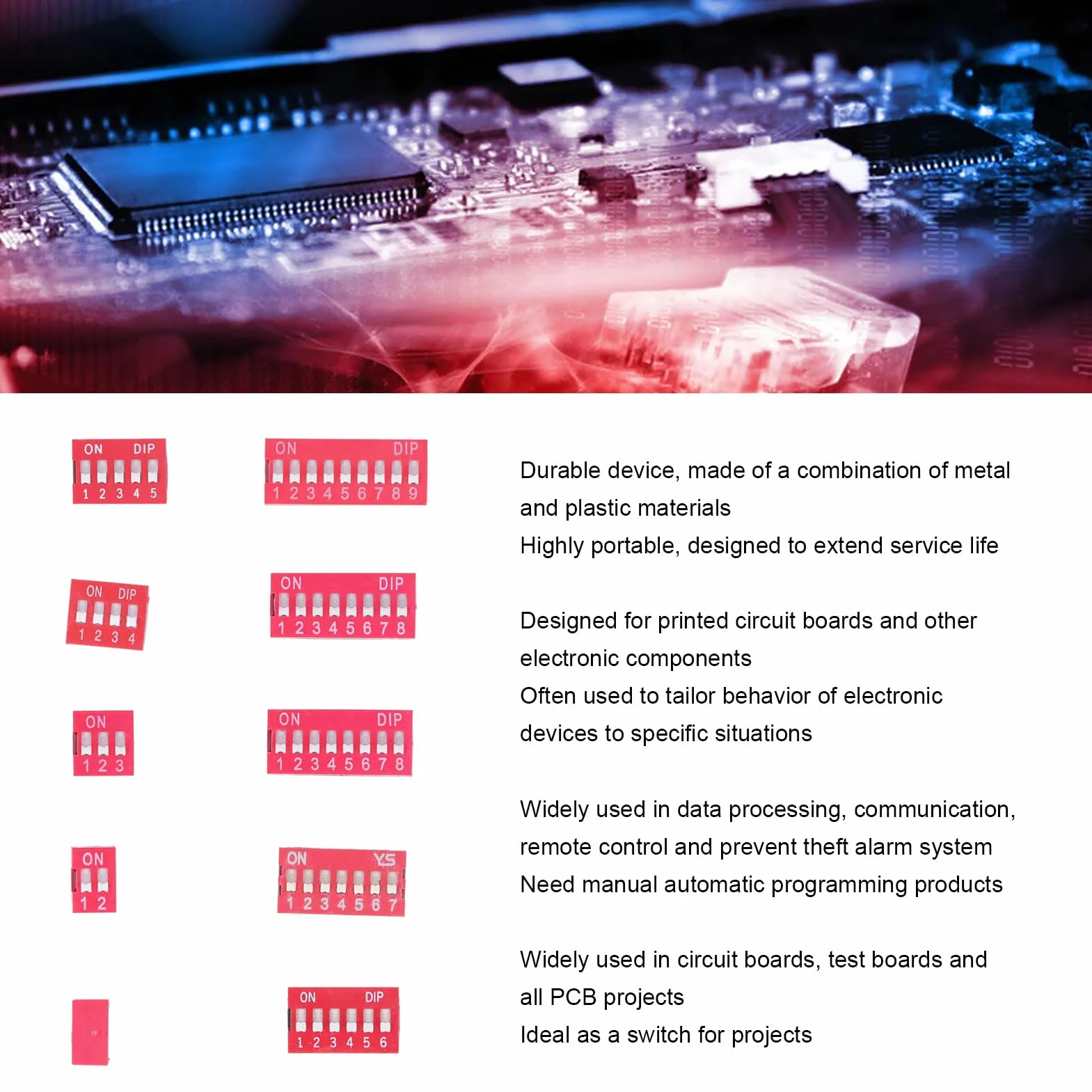 45 Sztuk Przełącznik Dip Różne Zestawy 2.54mm PCB do Montażu na Off Dip Przełącznik DIL Typ Suwaka Czerwony Przełącznik Dwupozycyjny do Obwodów Breadboards