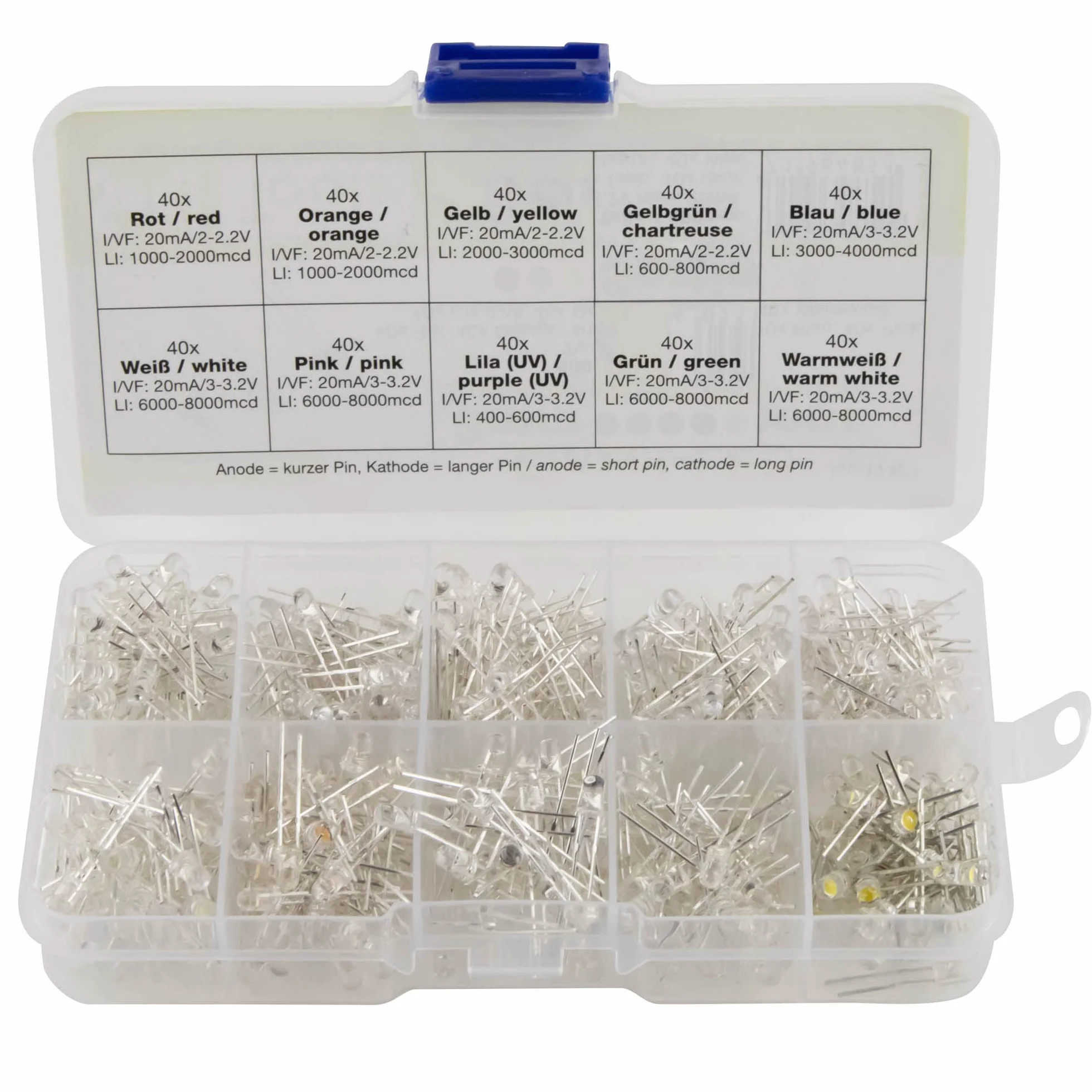 SeKi Asortyment LED z 400 diodami świecącymi 3 mm – 10 wartości; czerwony, pomarańczowy, żółty, zielony, niebieski, różowy, fioletowy (UV), żółto-zielony, biały, ciepła biel – bardzo jasny
