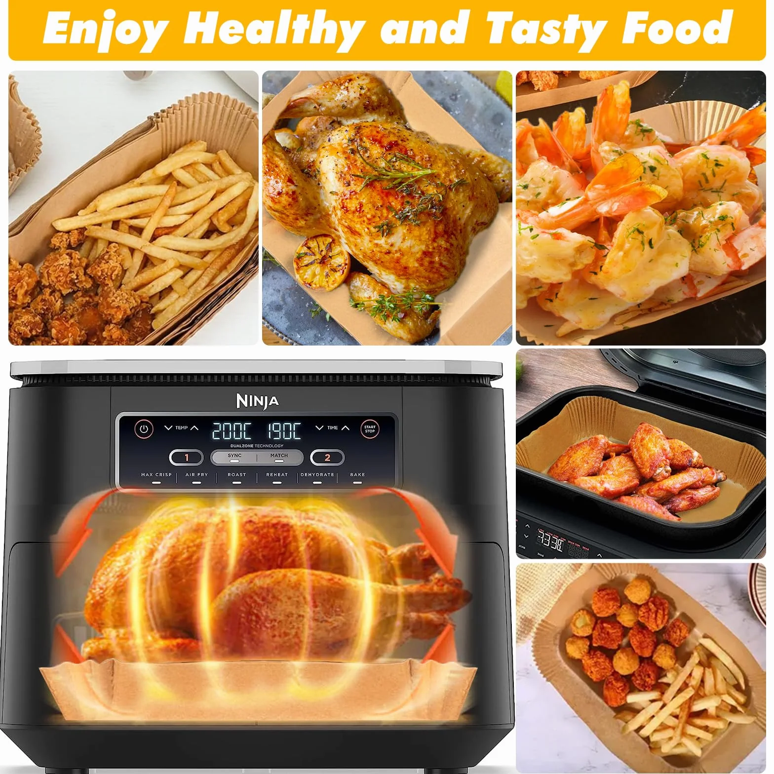 150 Sztuk Papieru Do Pieczenia Airfryer, Papier Do Airfryer Kompatybilny z COSORI Dual Blaze/TwinFry XXL 10L, Duronic AF34 10L, Instant XXL 8.5L, Ometa 9L – 100 Sztuk na 5.2L + 50 Sztuk na 10.4L/10L