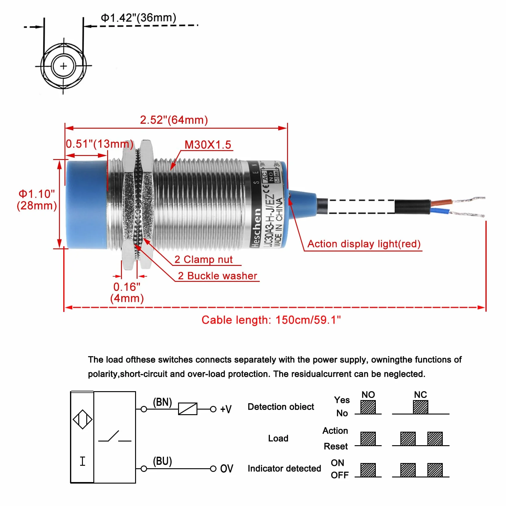 Heschen M30 pojemnościowy przełącznik czujnika zbliżeniowego, typ nieosłony, LJC30A3-H-J/EZ, detektor 1-15mm, 90-250VAC 400mA, normalnie otwarty (NO), 2 przewody