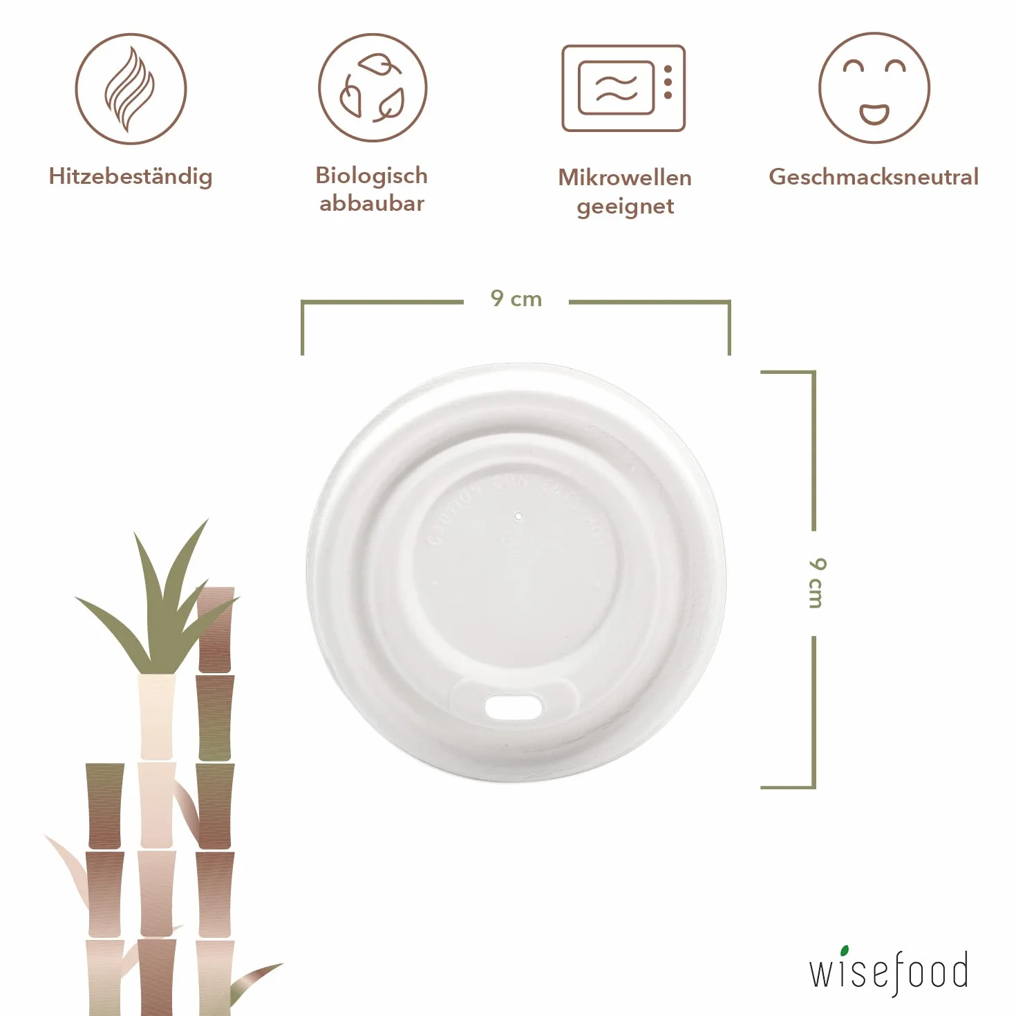 wisefood Pokrywki do kubków do kawy z trzciny cukrowej, 50 sztuk, pokrywki Coffee to Go ∅ 90 mm, jednorazowe pokrywki do kawy, białe, pasują do kubków 300 ml, biodegradowalna pokrywka z wytłoczyn bez